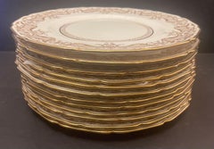 Fine Royal Doulton Service 12 English Raised Gold Gilt Encrusted Dinner Plates