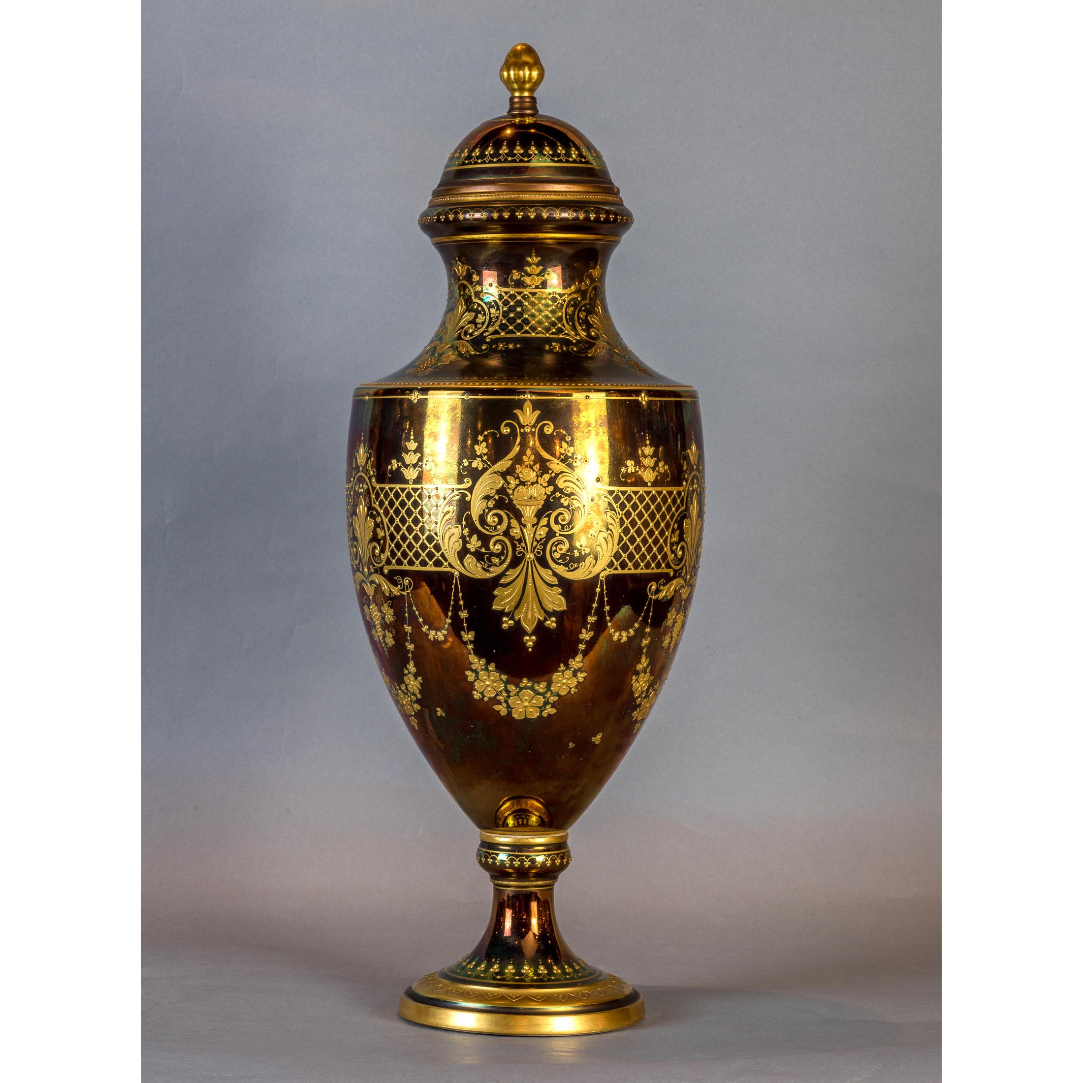 Austrian Fine Royal Vienna Gilt-Decorated Jeweled Iridescent Porcelain Urn For Sale