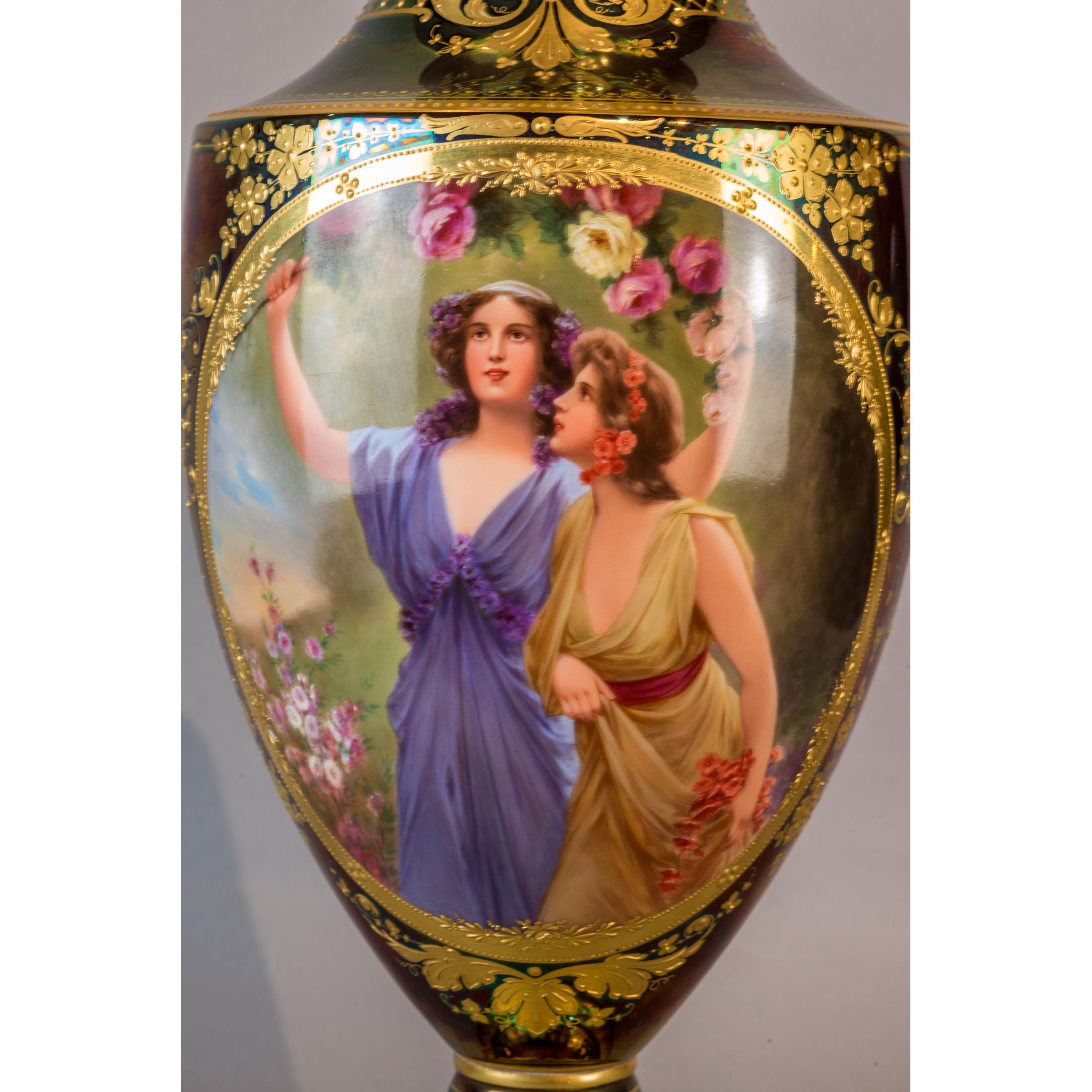 19th Century Fine Royal Vienna Gilt-Decorated Jeweled Iridescent Porcelain Urn For Sale