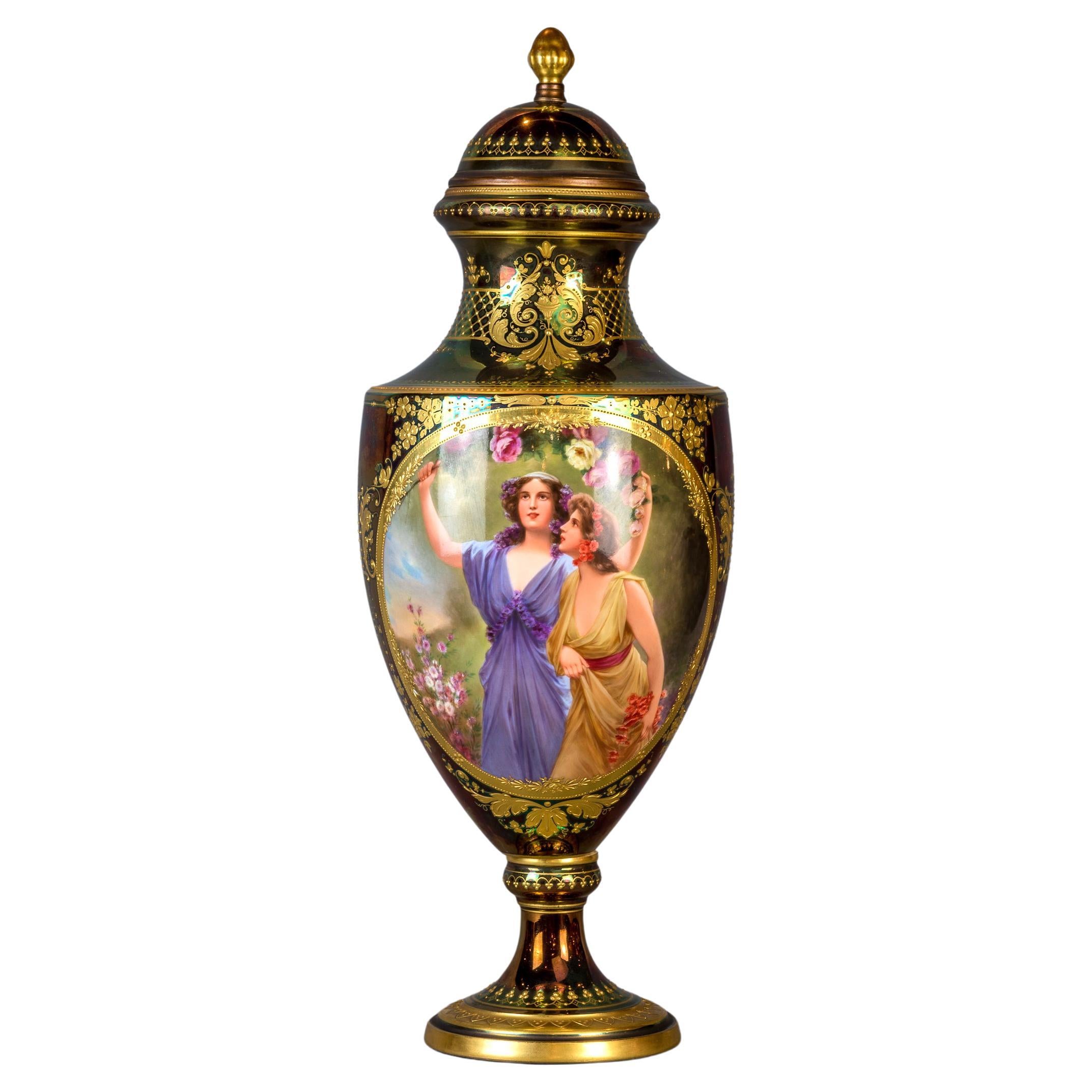 Fine Royal Vienna Gilt-Decorated Jeweled Iridescent Porcelain Urn For Sale