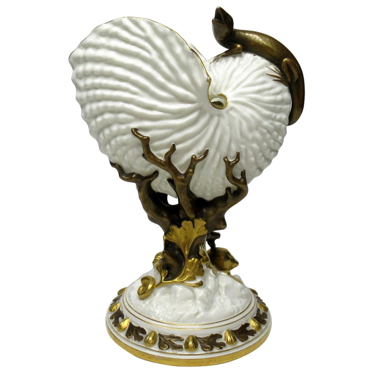 Fine Royal Worcester Porcelain Nautilus Shell Vase with Salamander