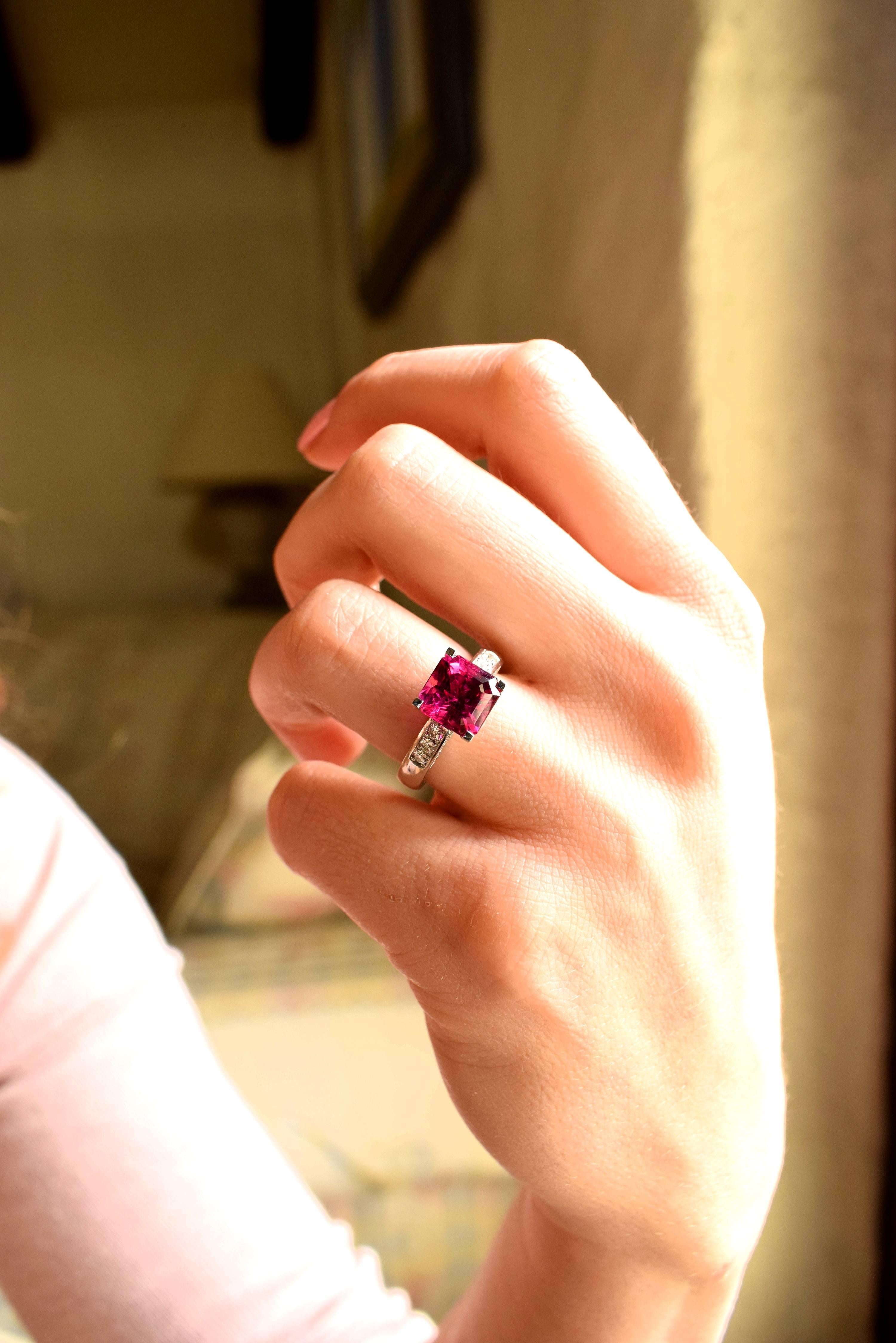 Emerald Cut Ring in Rose Gold with 1 Rubellite and Diamonds. For Sale
