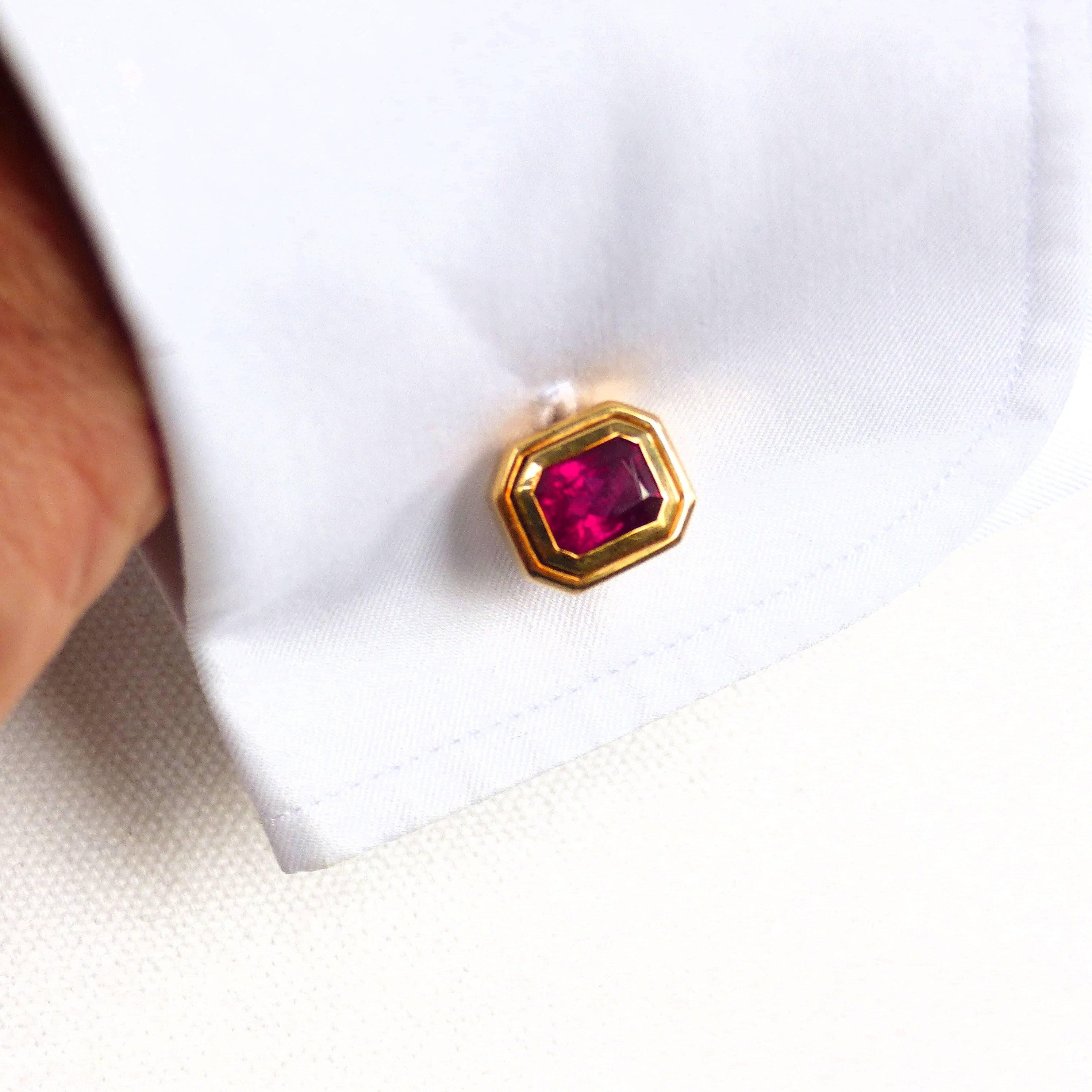Emerald Cut Cufflinks in Rose Gold with 2 Rubelites. For Sale