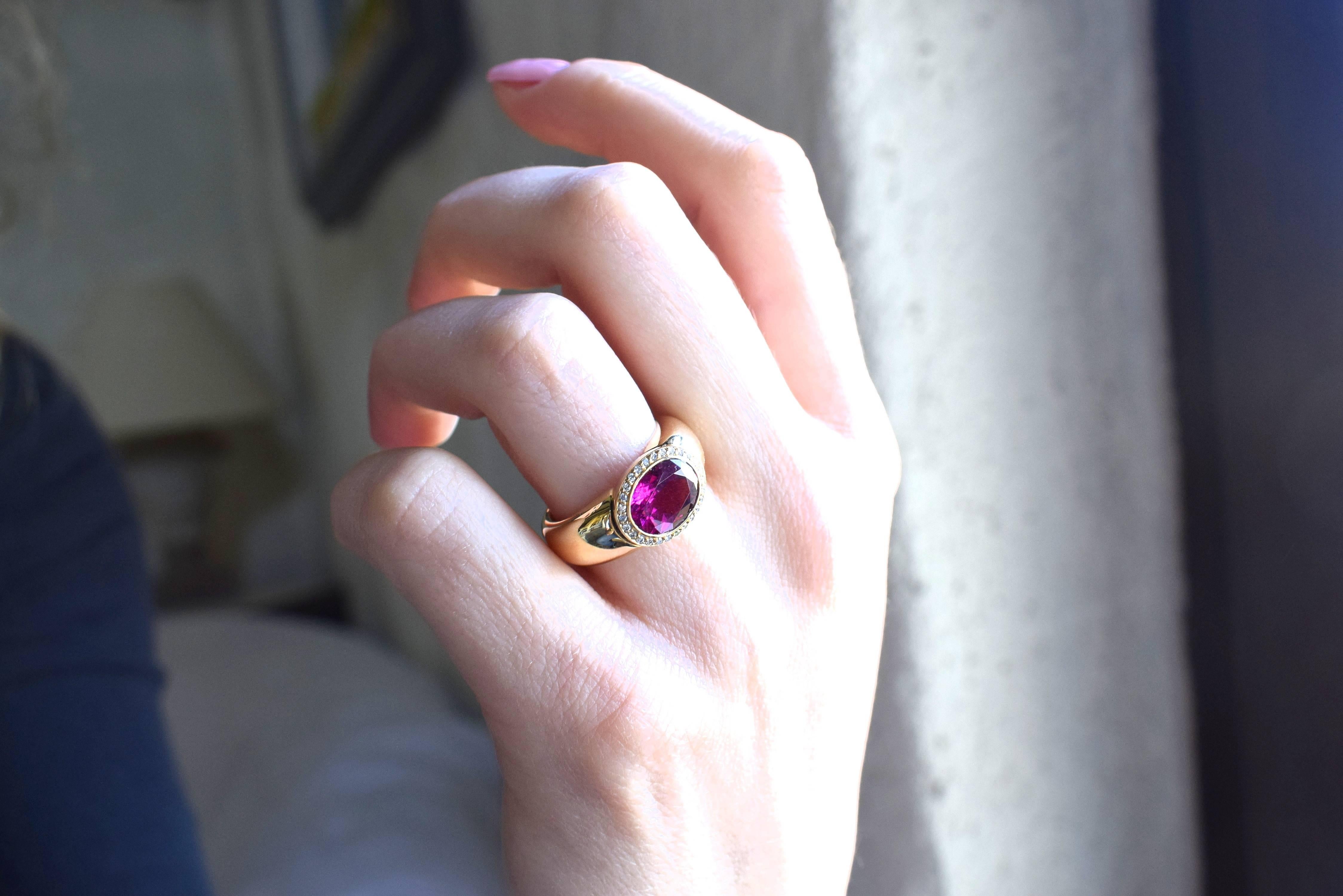 Contemporary Ring in Rose Gold with 1 Rubelite and Diamonds. For Sale
