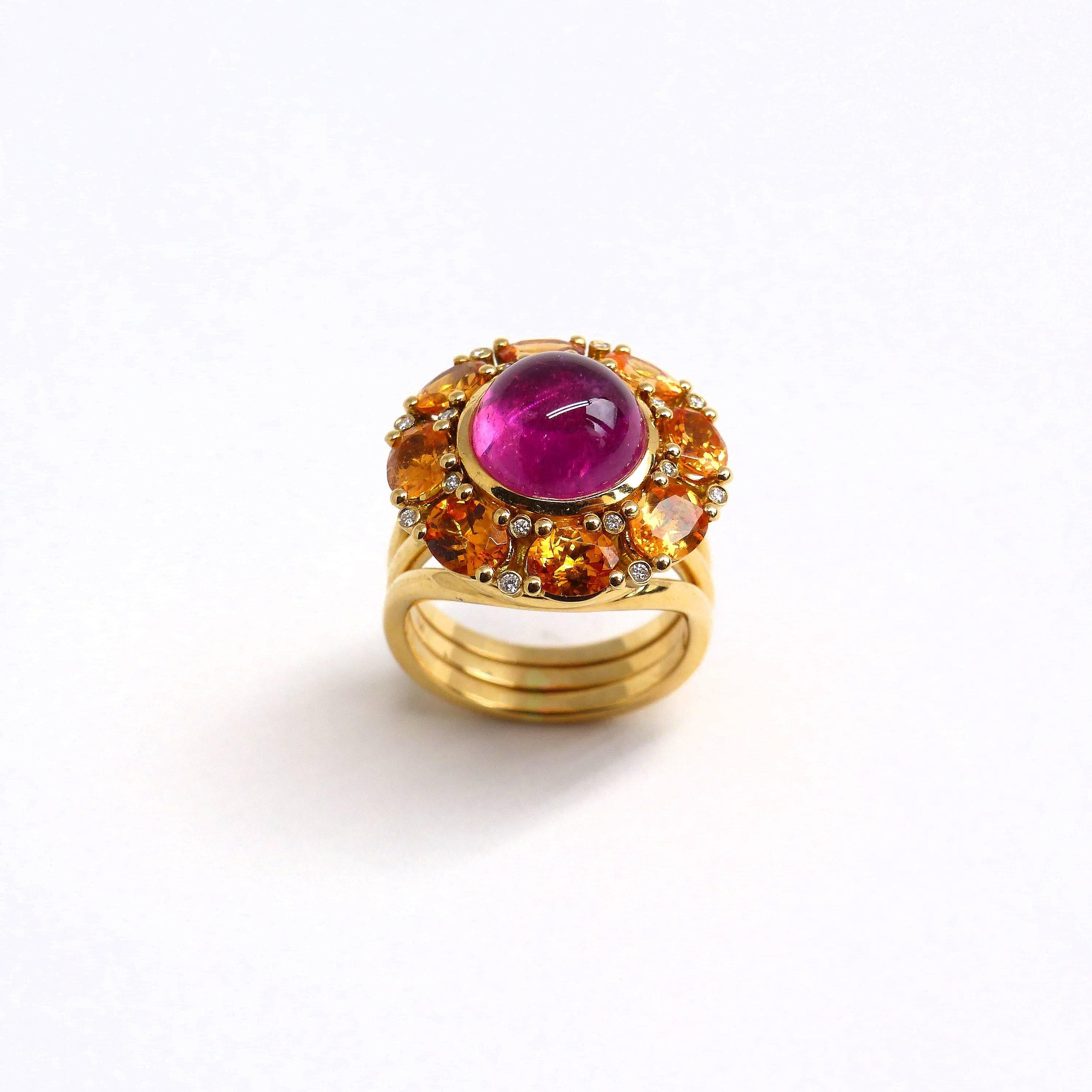 Contemporary Ring in Rose Gold with 1 Rubelite Cabouchon and Mandarine Garnet and Diamonds For Sale