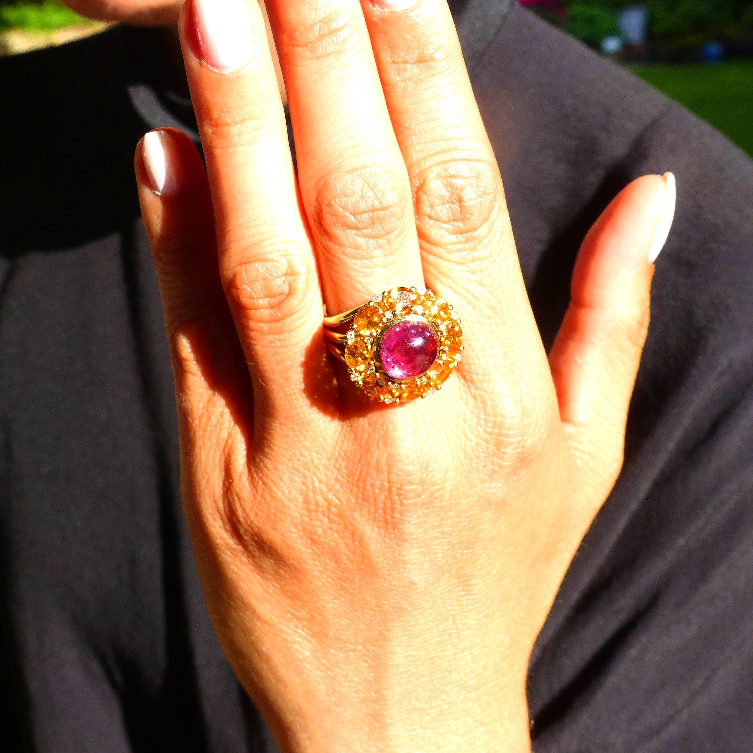 Round Cut Ring in Rose Gold with 1 Rubelite Cabouchon and Mandarine Garnet and Diamonds For Sale