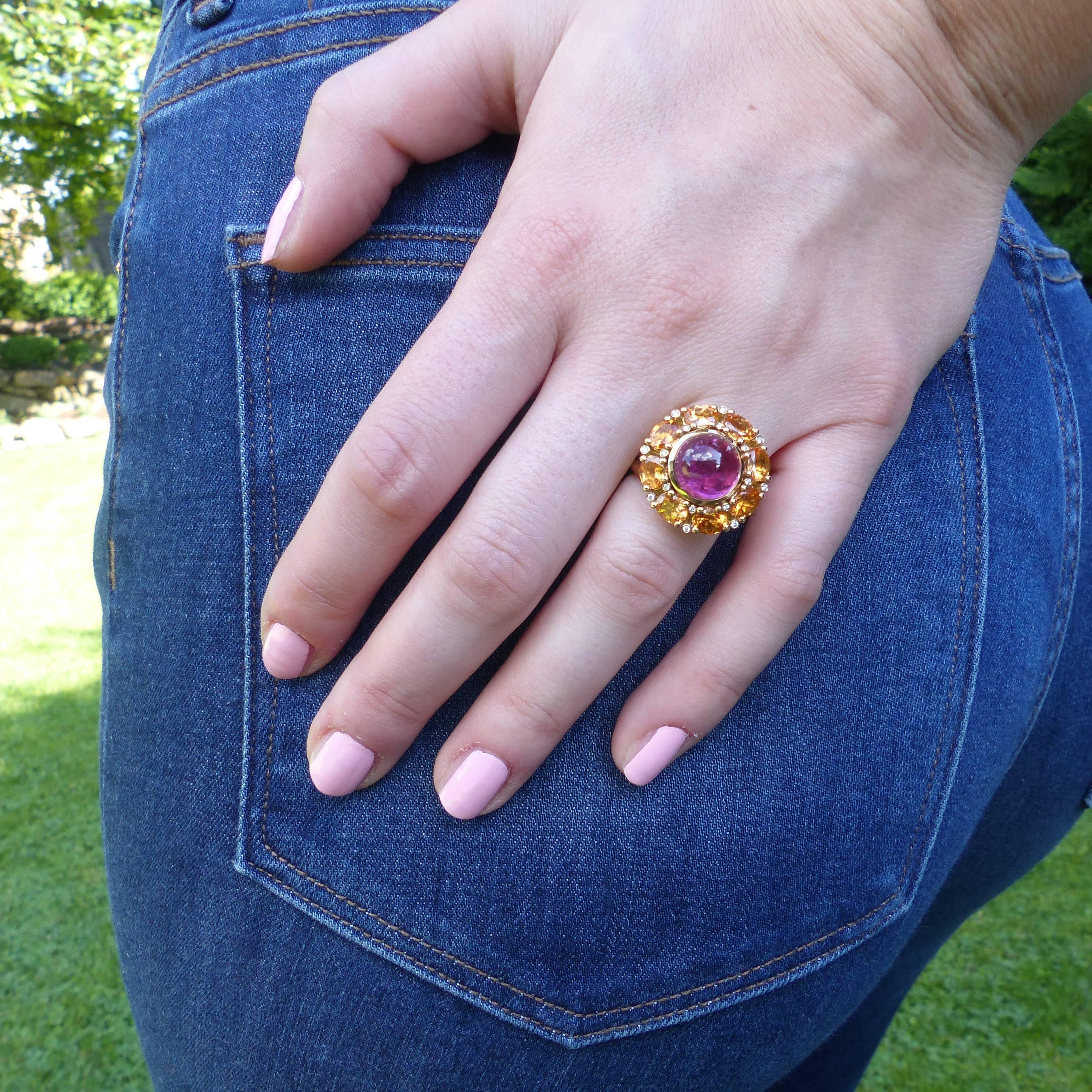 Ring in Rose Gold with 1 Rubelite Cabouchon and Mandarine Garnet and Diamonds In New Condition For Sale In Idar-Oberstein, DE