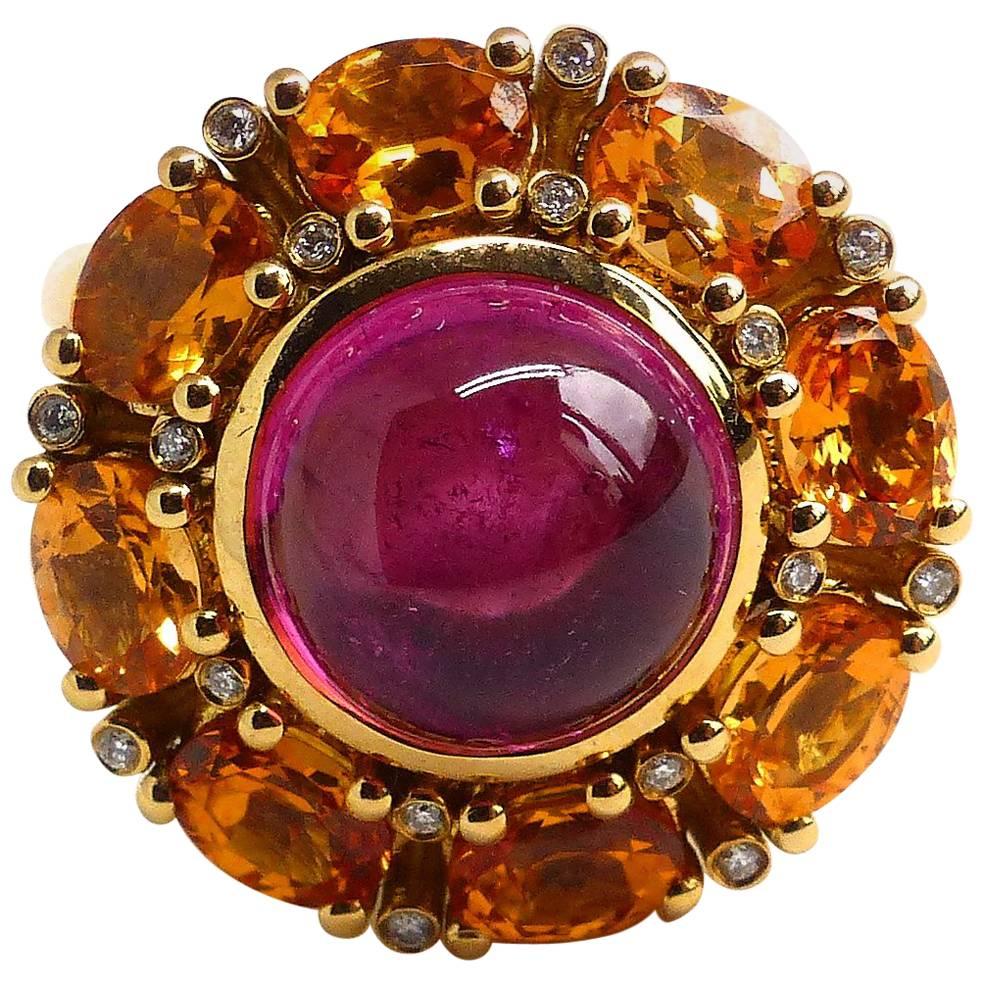 Ring in Rose Gold with 1 Rubelite Cabouchon and Mandarine Garnet and Diamonds For Sale