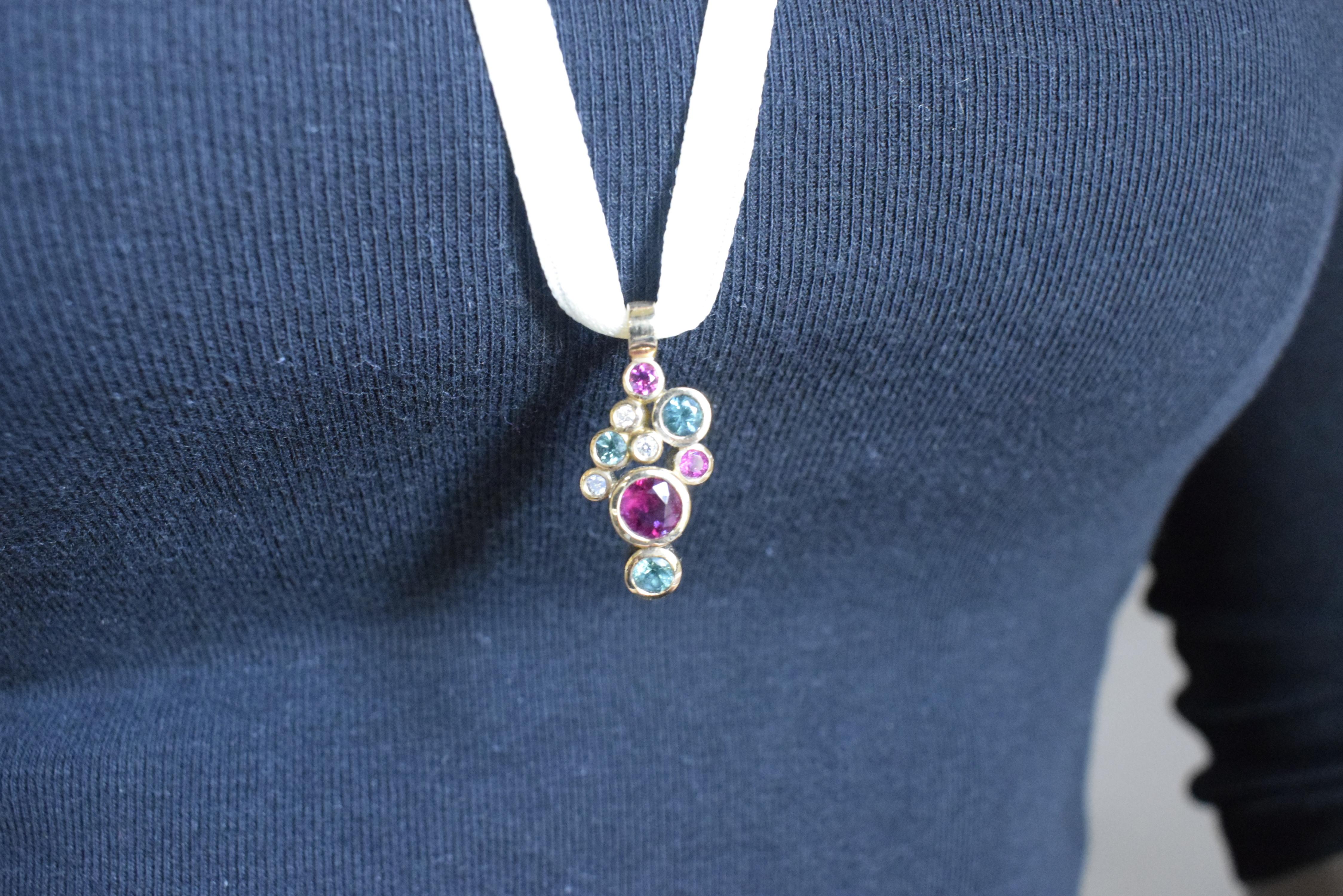 Brilliant Cut Pendant in Rose Gold with green Tourmalines and Rubelites and Diamonds. For Sale