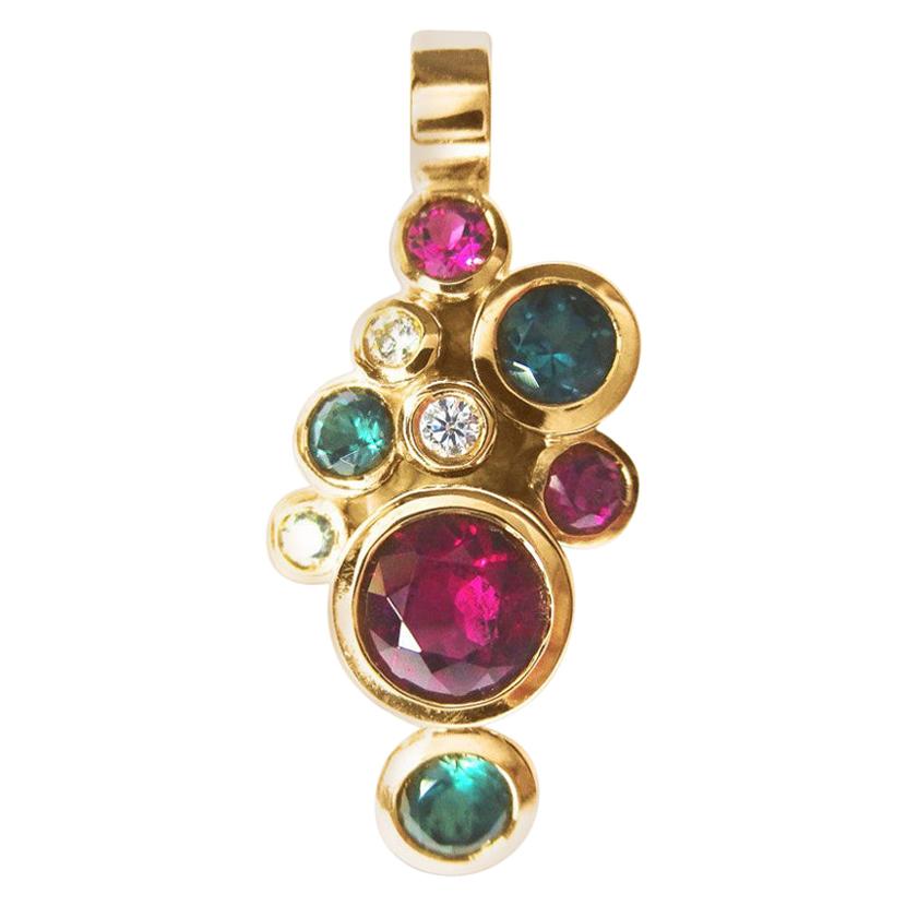 Pendant in Rose Gold with green Tourmalines and Rubelites and Diamonds.
