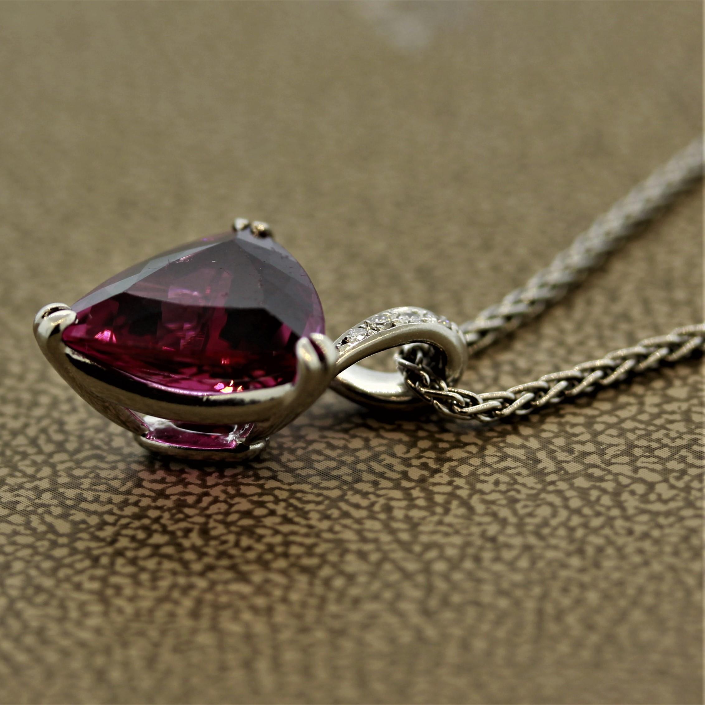 Trillion Cut Fine Rubelite Tourmaline Diamond Platinum Pendant