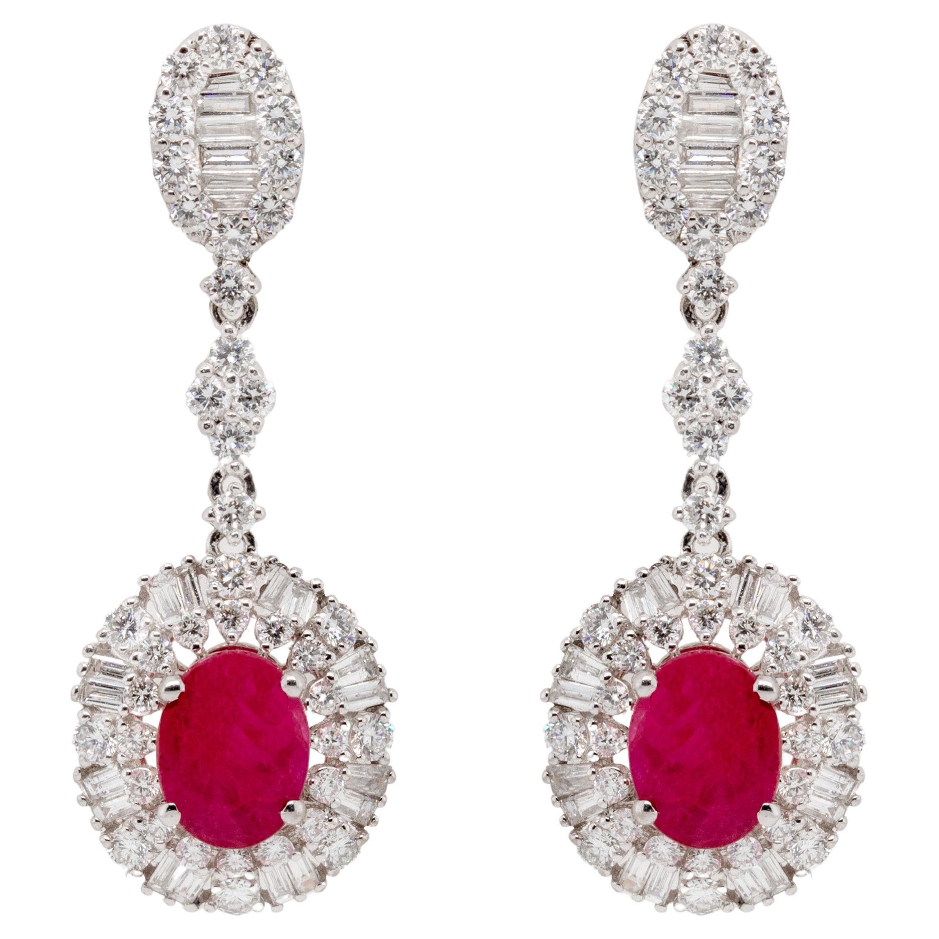 Fine Ruby 3.80 Carats Total Earrings with Diamonds 18K Gold