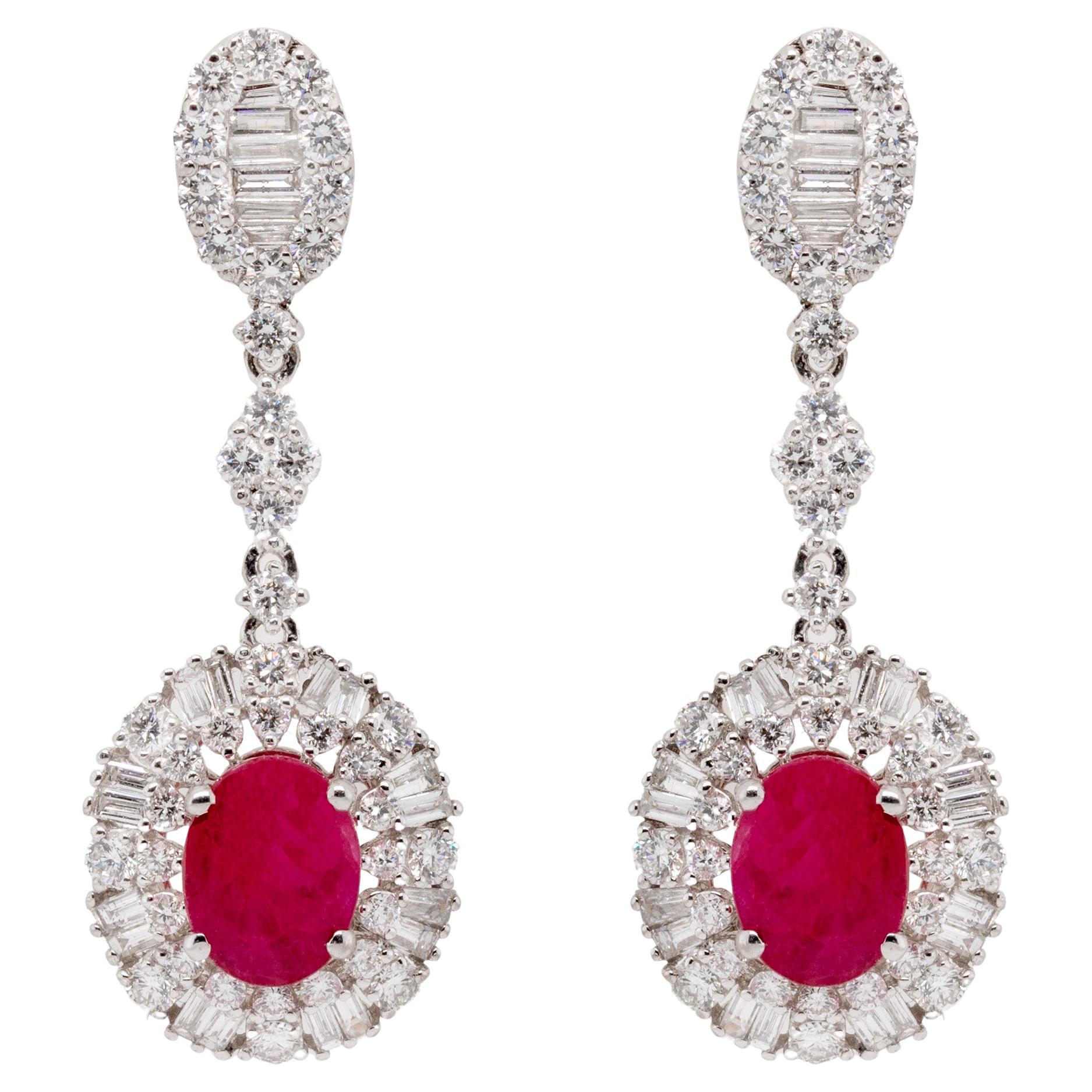 Fine Ruby 3.80 Carats Total Earrings with Diamonds 18k Gold For Sale