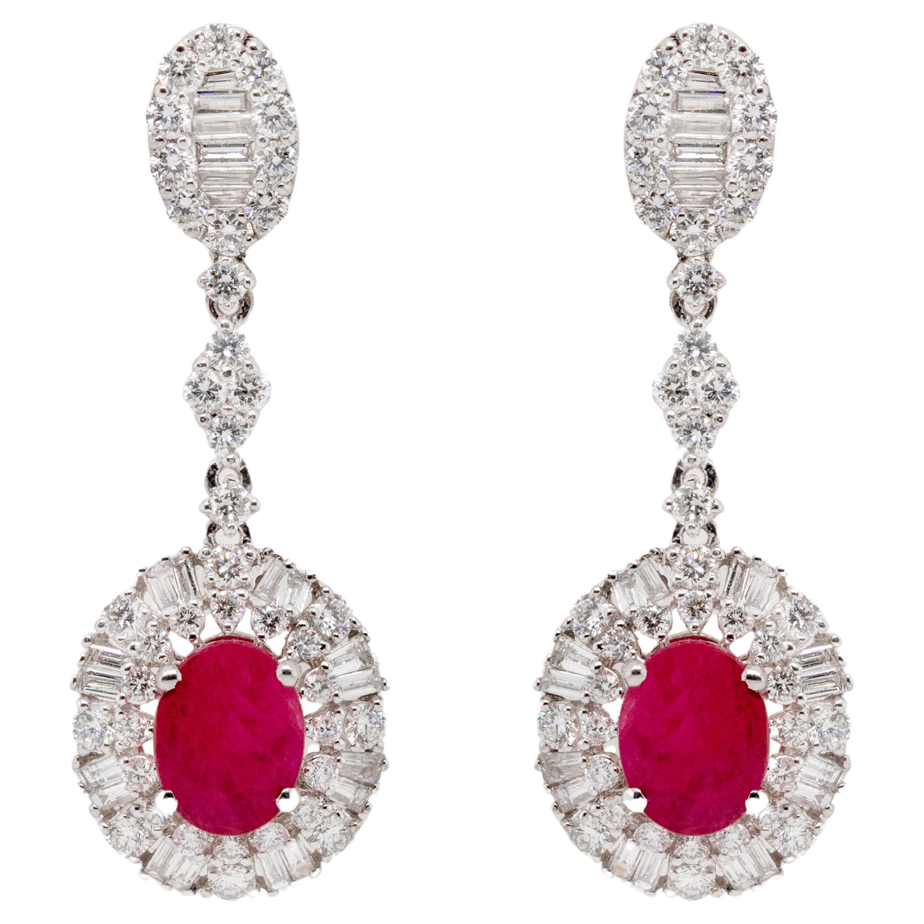 Fine Ruby 3.80 Carats Total Earrings with Diamonds 18k Gold
