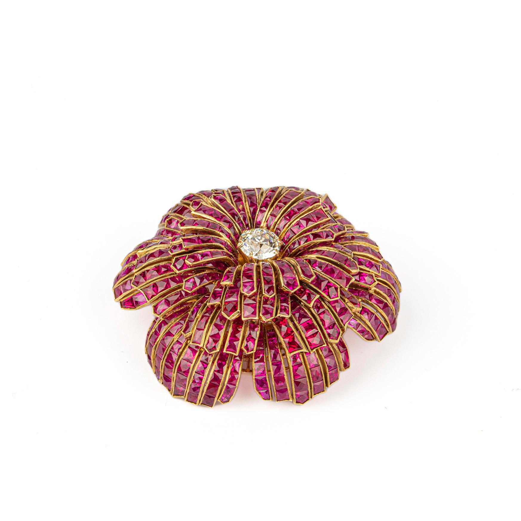 Square Cut Fine Ruby and Diamond Flower Brooch