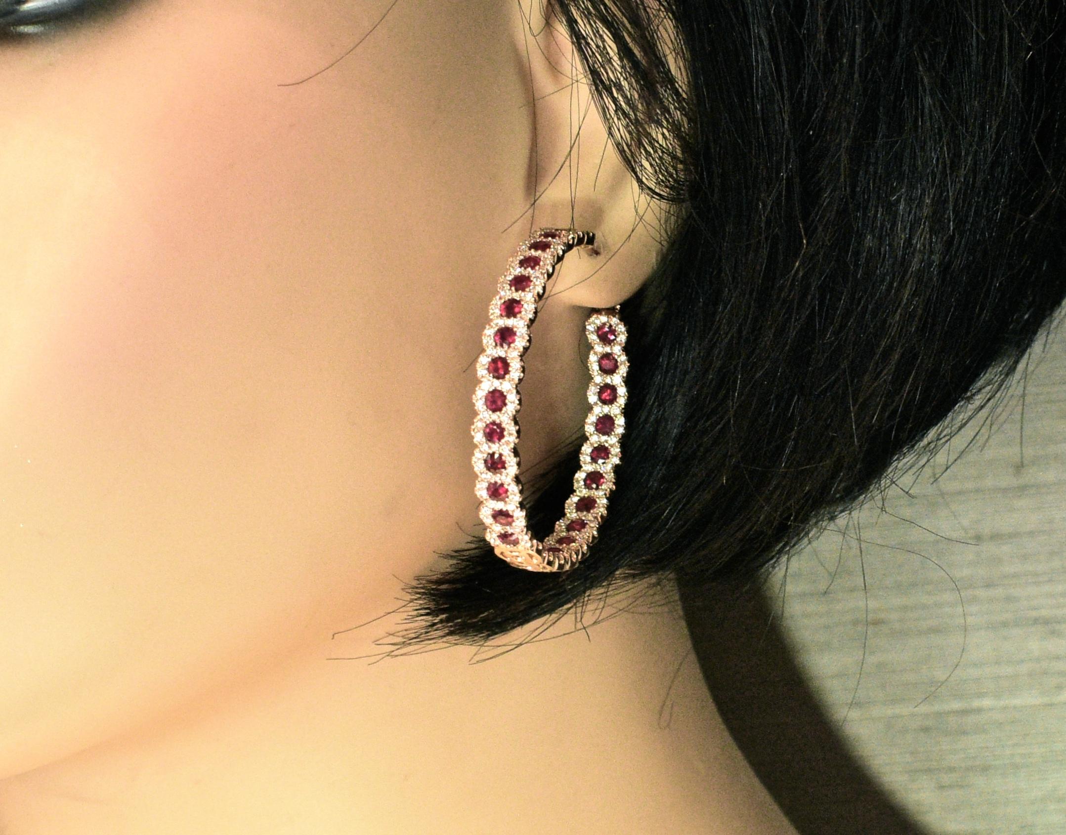 Women's or Men's Fine Ruby and Diamond Large Hoop-Earrings