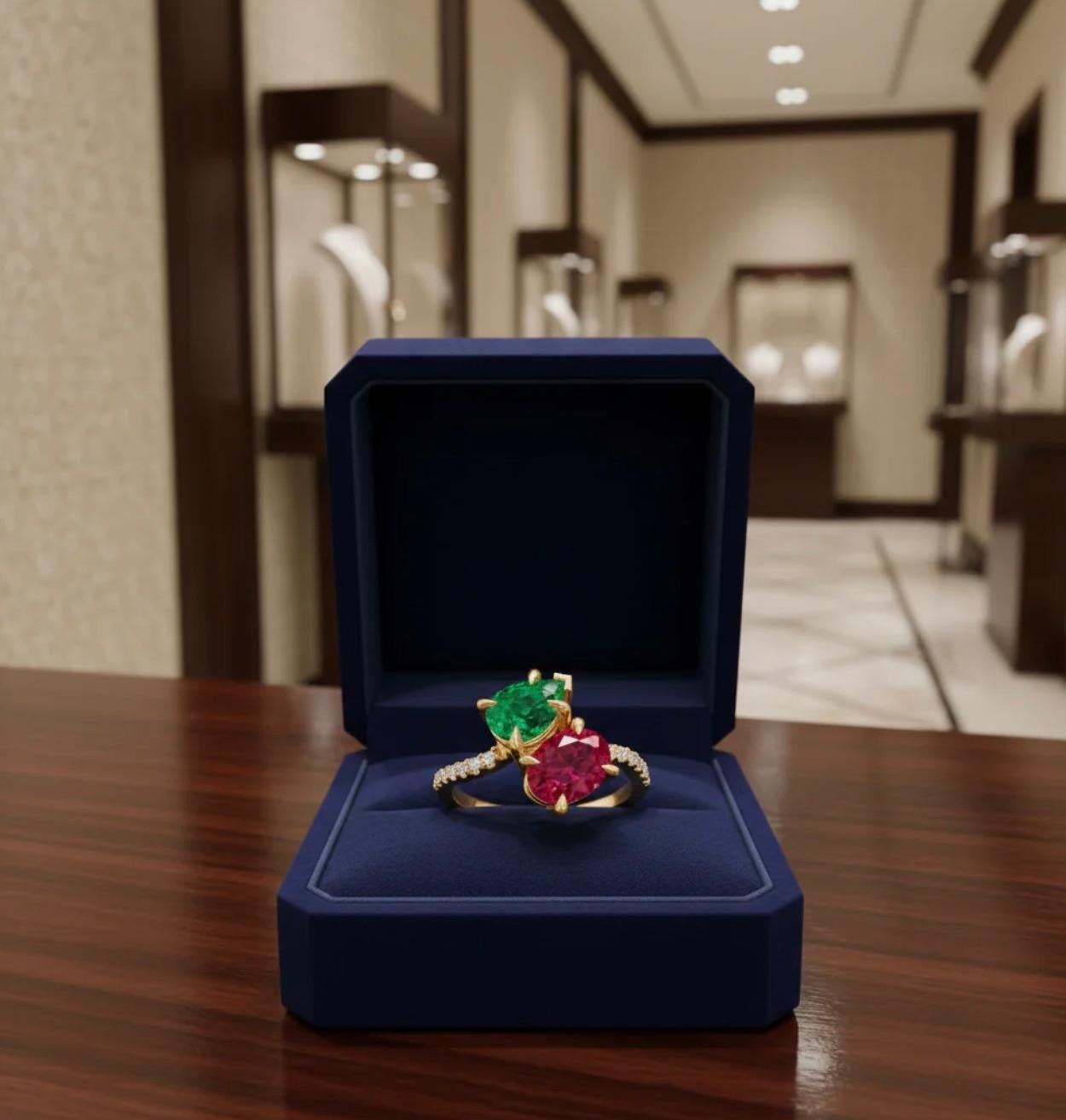 Verlobungsring mit feinem Rubin und Smaragd Bypass „Toi Et Moi“ (Art déco) im Angebot