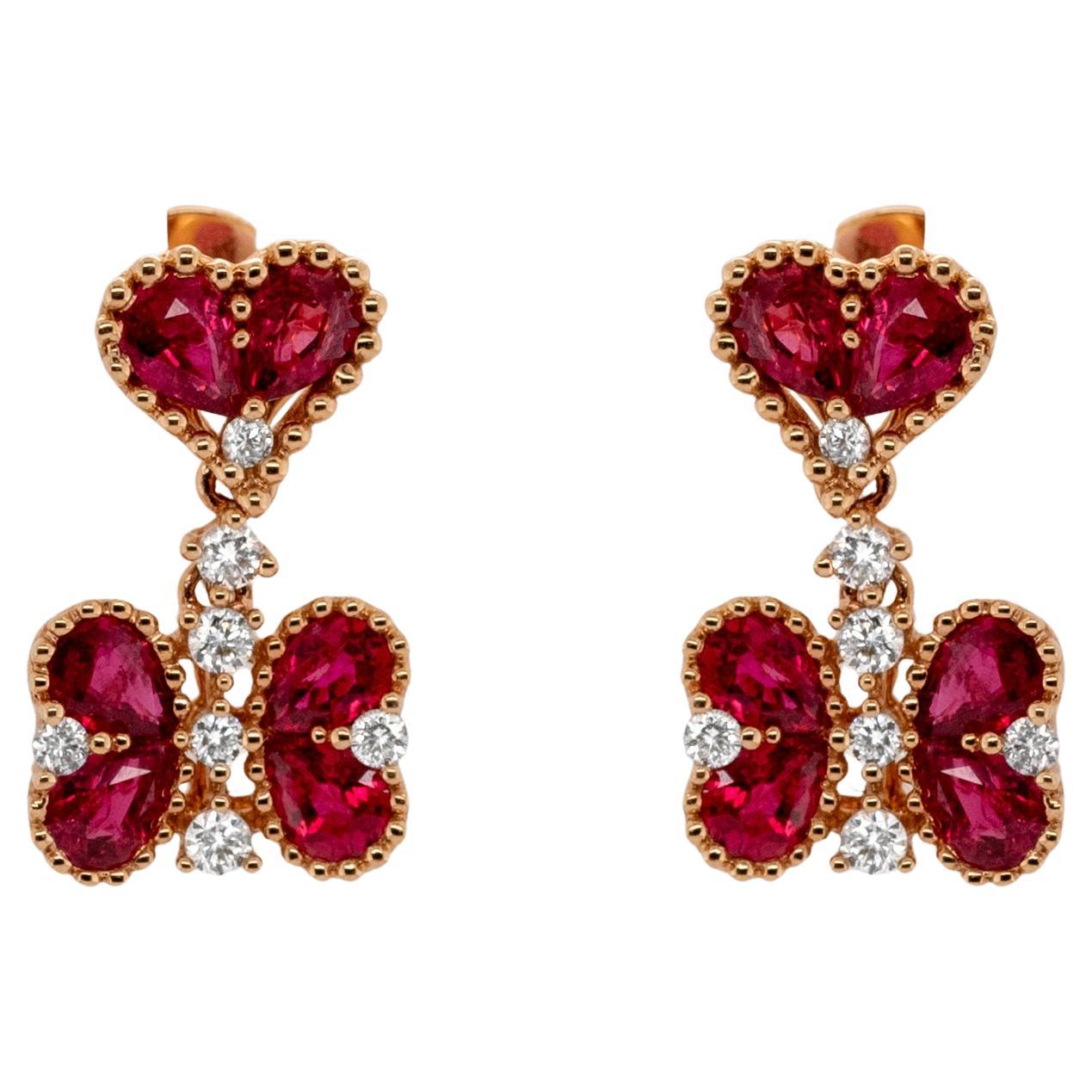 Fine Ruby Dangle Earrings With Diamonds 2.46 Carats 18K Yellow Gold For Sale