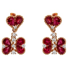 Fine Ruby Dangle Earrings With Diamonds 2.46 Carats 18K Yellow Gold