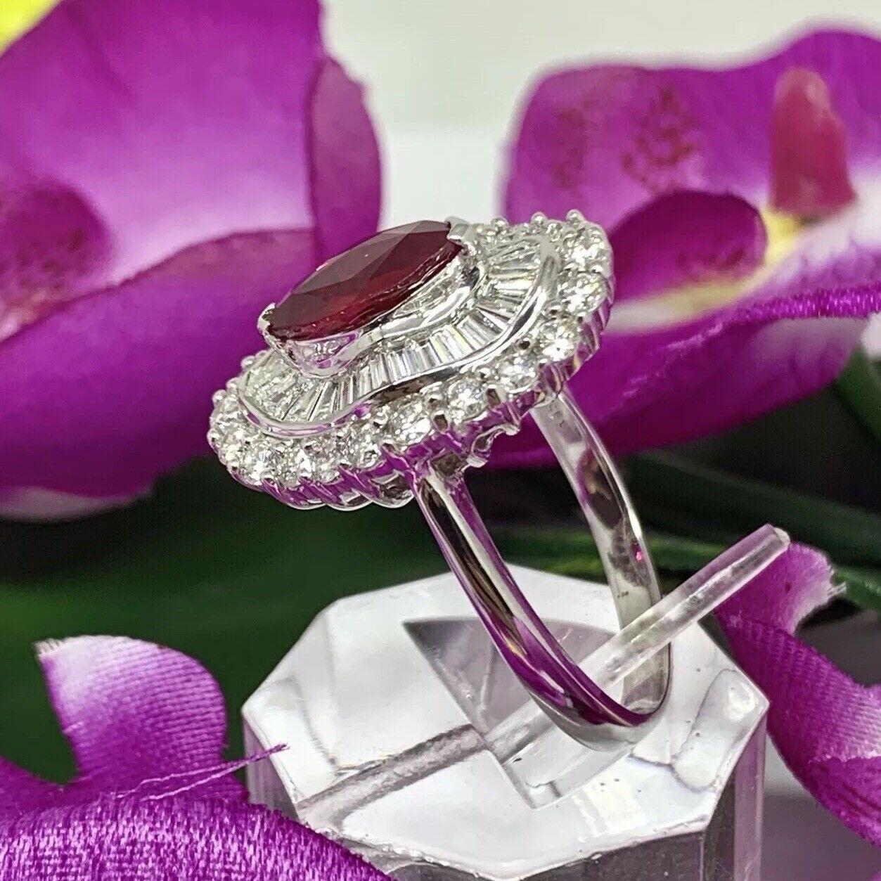 Marquise Cut Fine Ruby and Diamond 18 Karat 3.77 Carat Ladies Ring Certified 