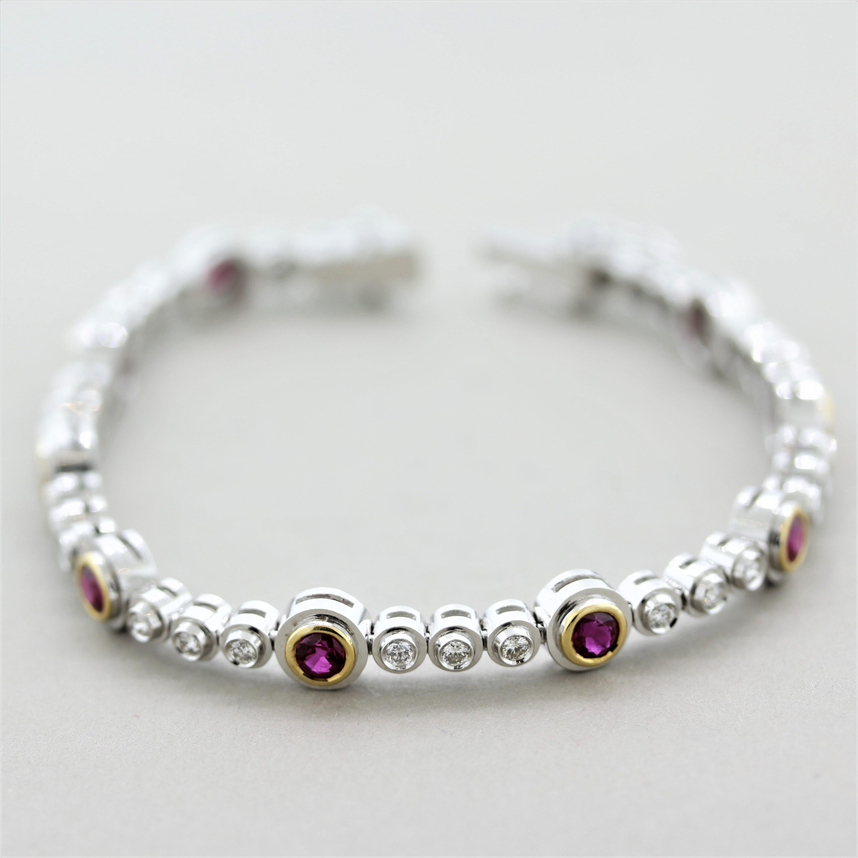 A sweet and stylish bracelet featuring fine top gem rubies and bright white diamonds. There are 9 perfectly matching rubies with vivid red pigeon blood color, which weigh a total of 2.81 carats. They are accented by round brilliant-cut diamonds