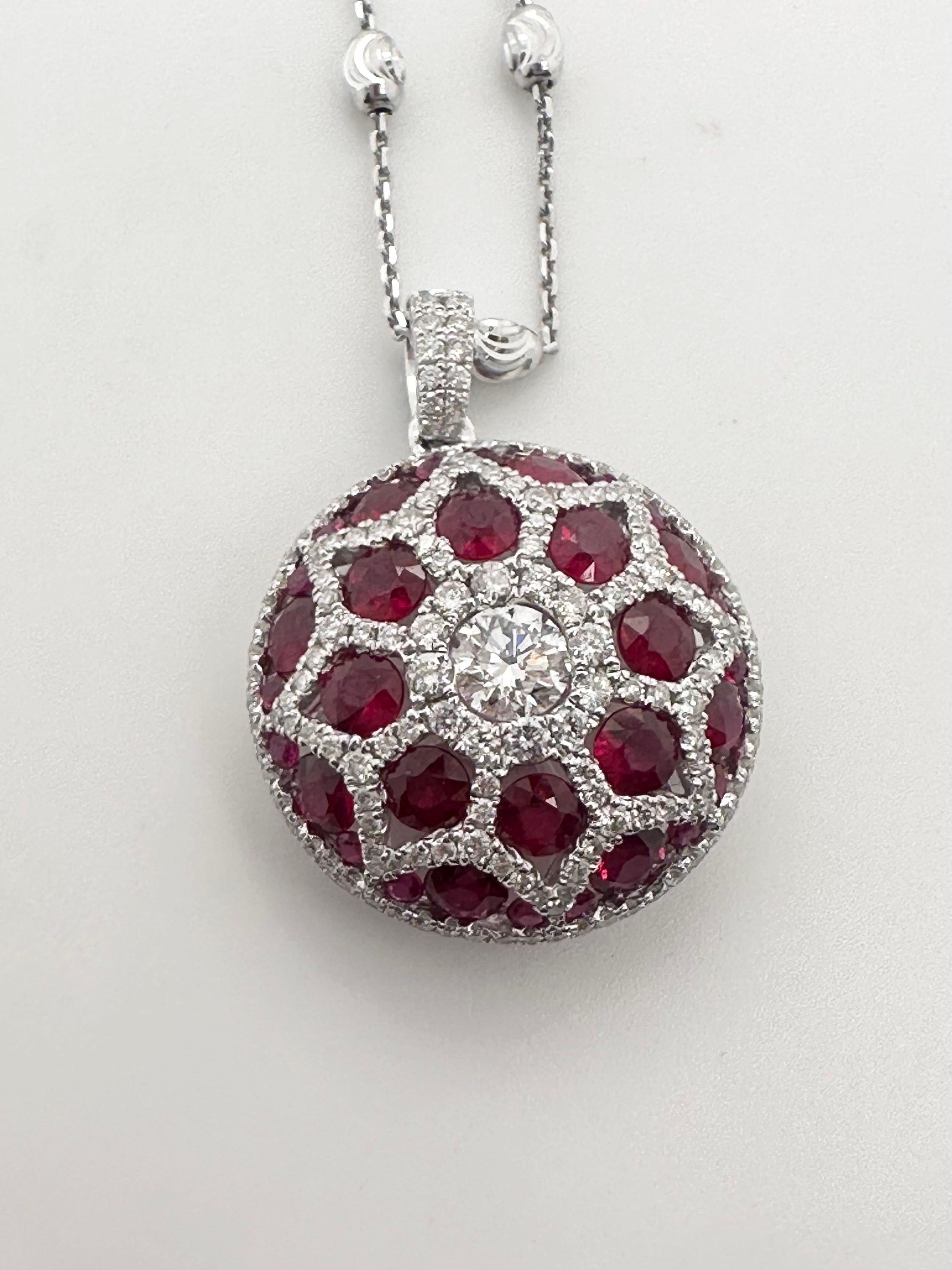 Elegant ruby and diamond pendant necklace, 100% natural untreated rubies(Burma) paired with fine VS diamonds in 18KT white gold.

Certificate of authenticity comes with purchase

ABOUT US
We are a family-owned business. Our studio in located in the