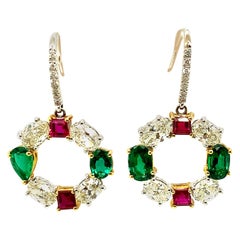 Natural Ruby, Emerald, and White Diamond Gold Earrings