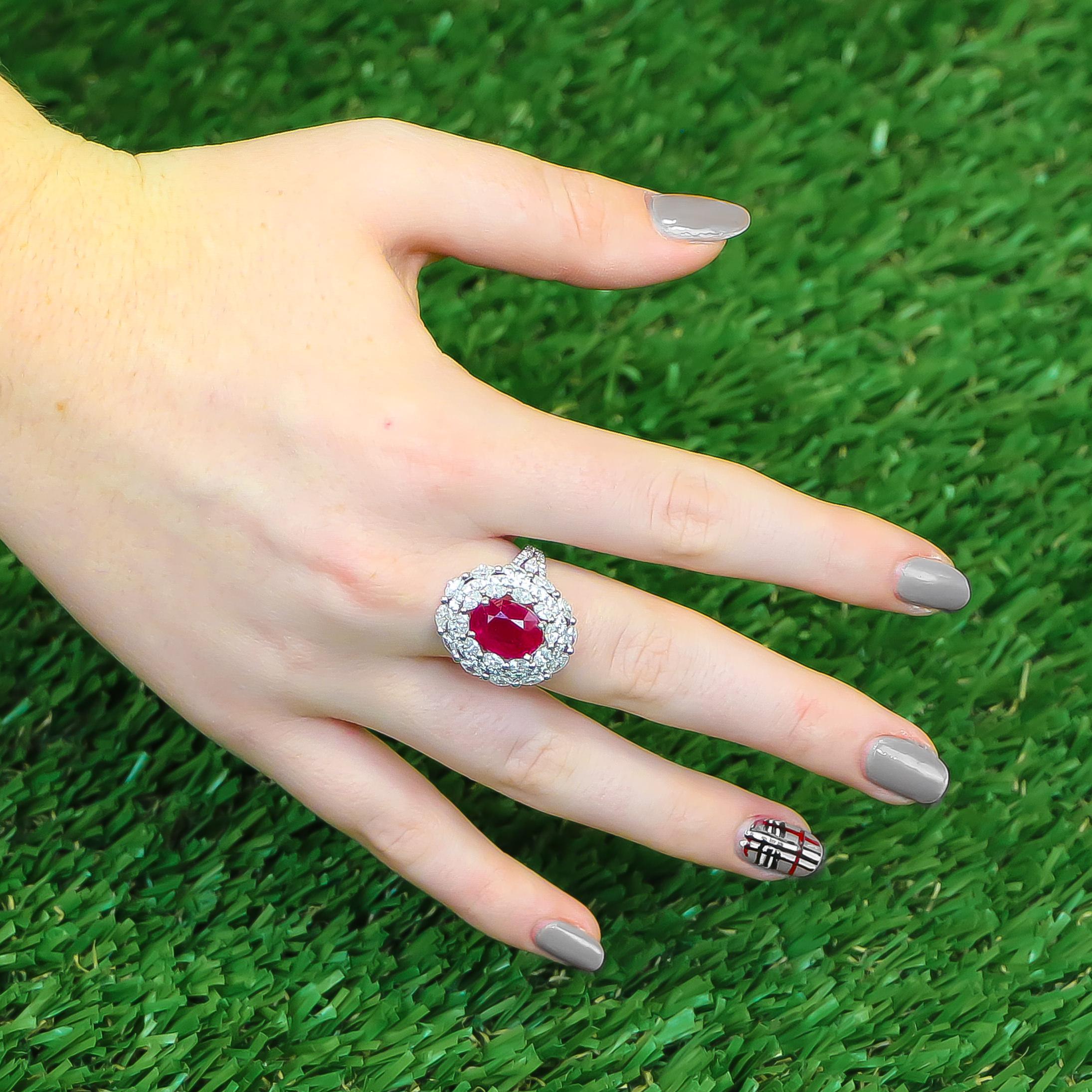 Fine Ruby = 4.07 Carats

Diamonds = 2.80 Carats
( Color: F, Clarity: VS )

Metal: 18K White Gold

Complimentary Resizing Available