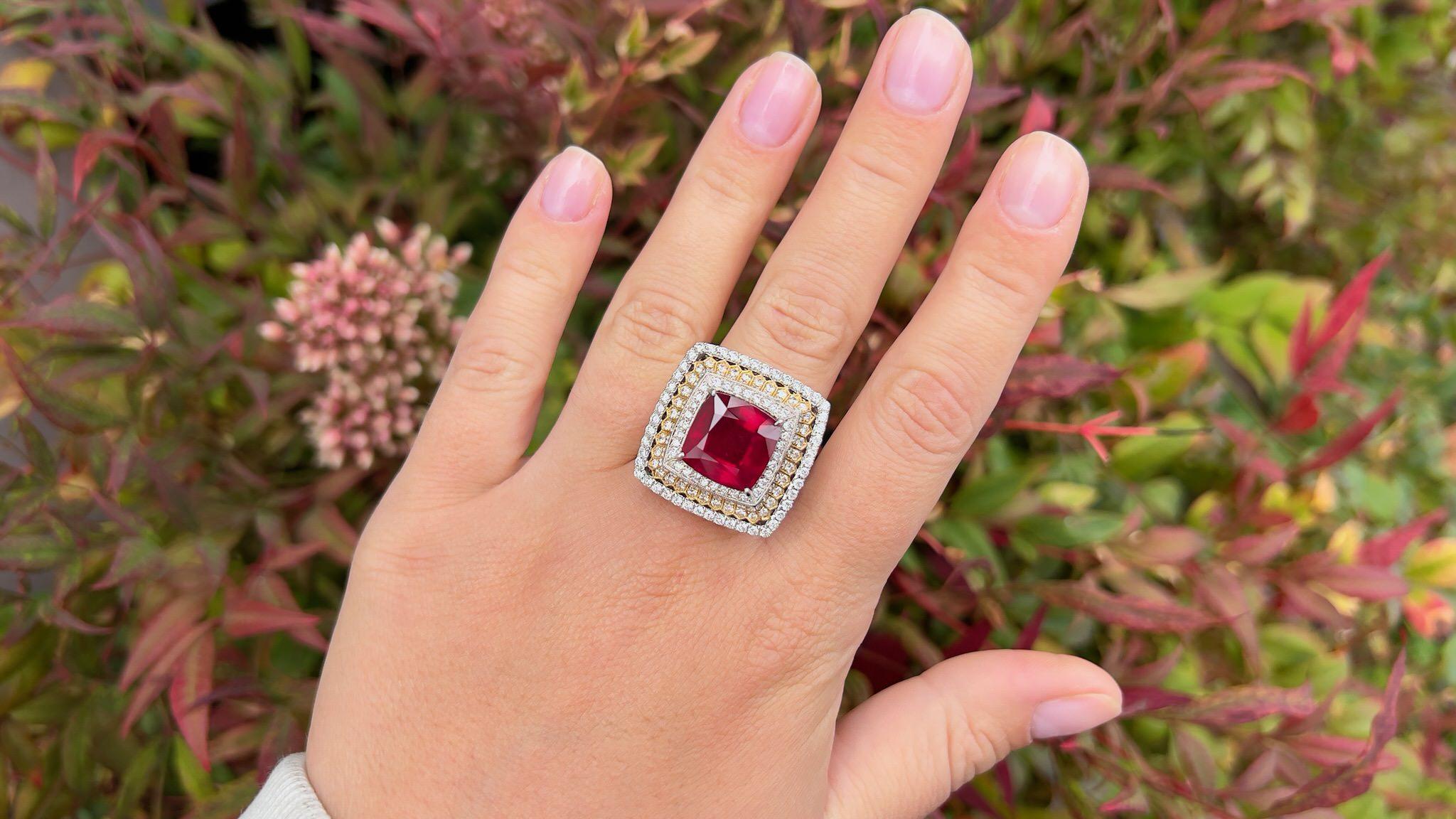 Fine Ruby = 11.04 Carat
Diamonds = 2.98 Carats
(Color: F, Clarity: VS)
Metal: 18K Gold
Ring Size: 7 US
Jewelry Gift Box Included