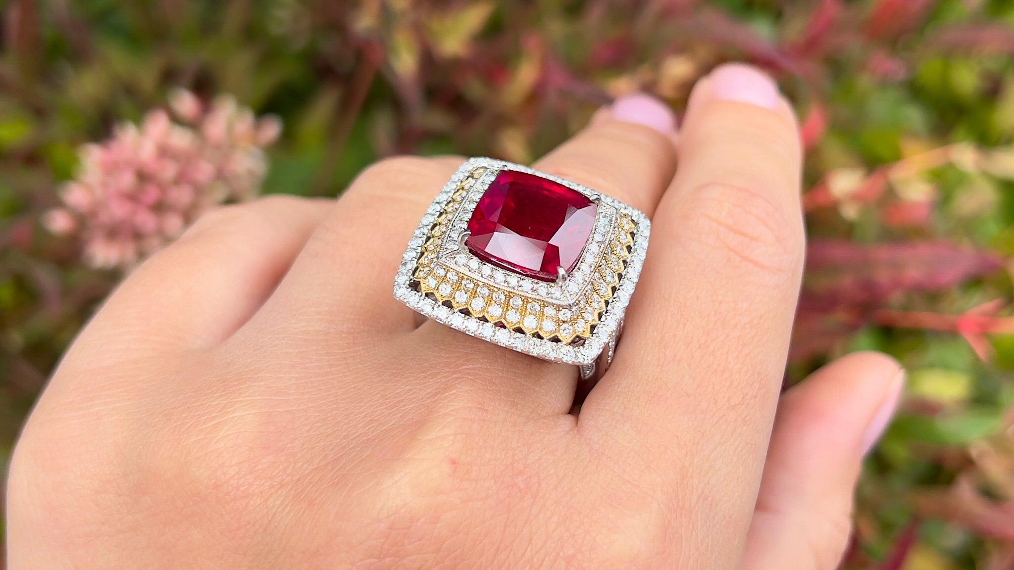 Cushion Cut Fine Ruby Ring with Triple Diamond Halo 14 Carats Total 18k Gold For Sale
