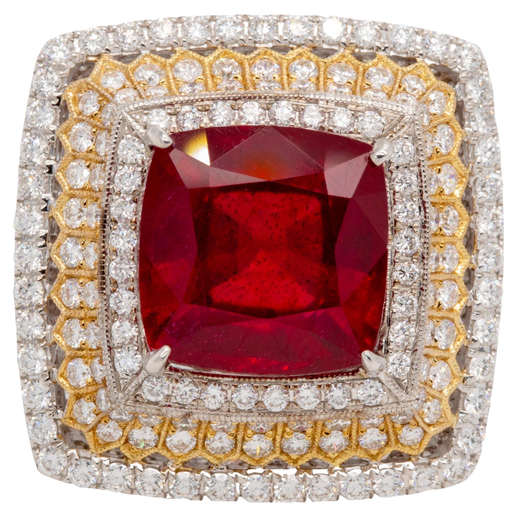Fine Ruby Ring with Triple Diamond Halo 14 Carats Total 18k Gold For Sale