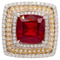 Fine Ruby Ring with Triple Diamond Halo 14 Carats Total 18k Gold
