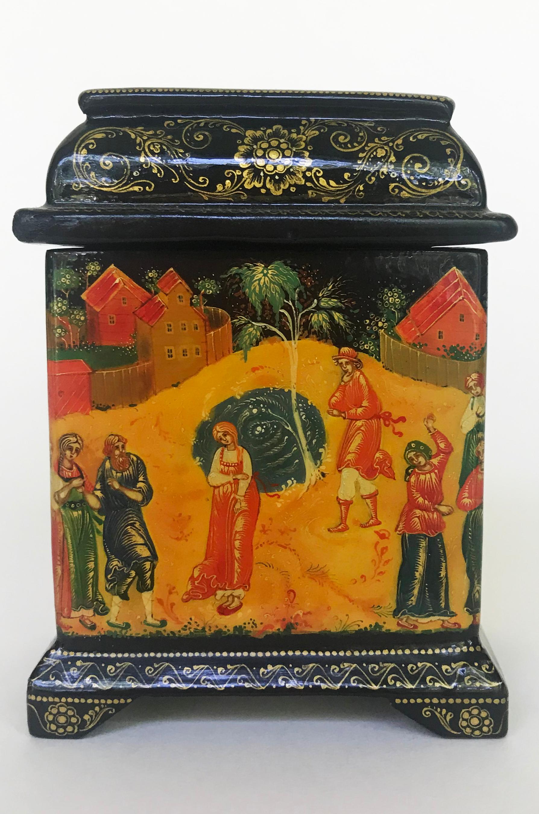This beautiful fine Russian lacquer box is originally from Palekh. Palekh is a small village situated four hundred kilometers north-east of Moscow. They are world known for their exquisite lacquer miniature art in gold. The Palekh box is instantly