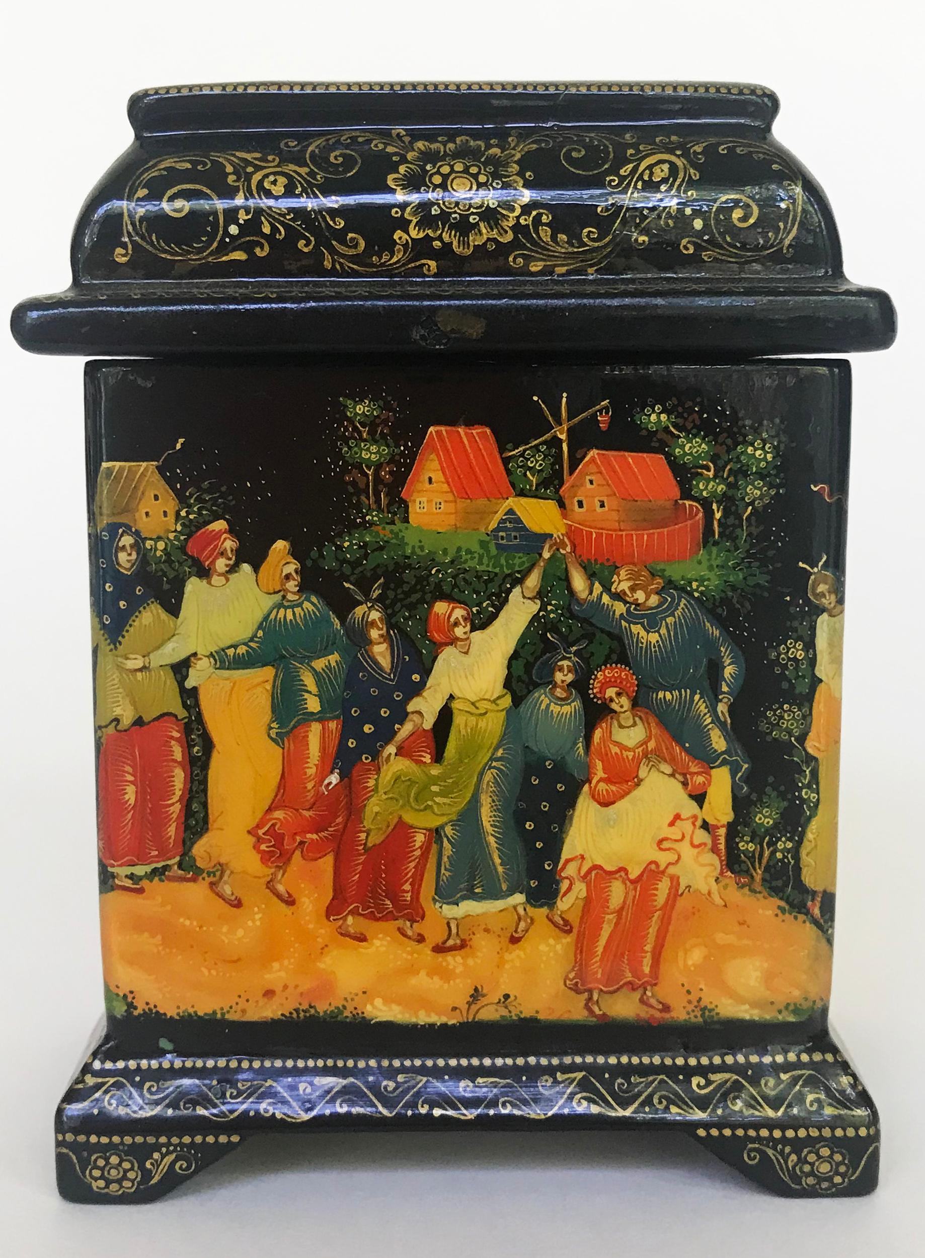 Fine Russian Lacquer Mini Tall Box from Palekh In New Condition In Los Angeles, CA