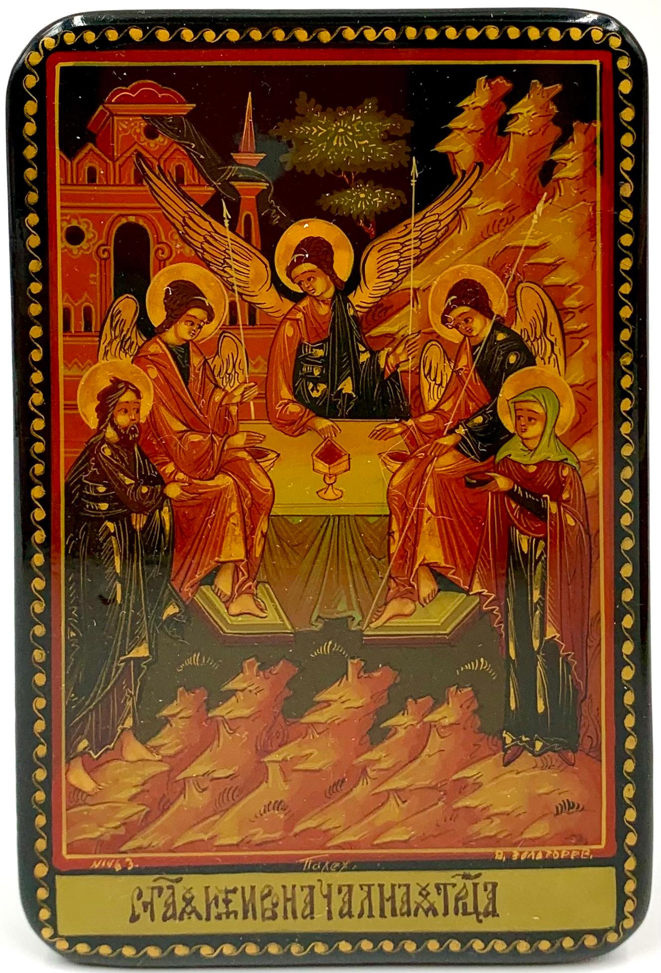 Scatola della Santissima Trinità in lacca russa Palekh dipinta a mano di Zolotorev in vendita 5