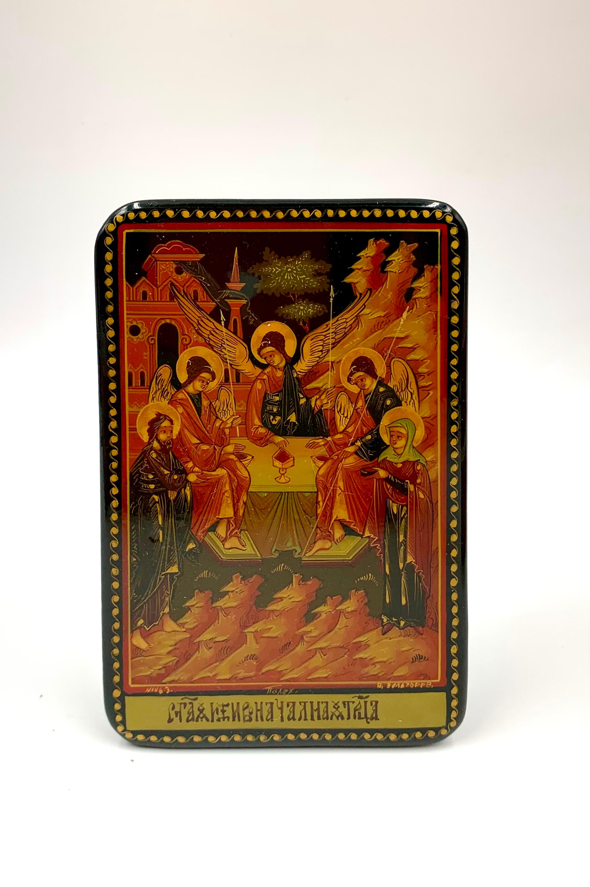 Russo Scatola della Santissima Trinità in lacca russa Palekh dipinta a mano di Zolotorev in vendita