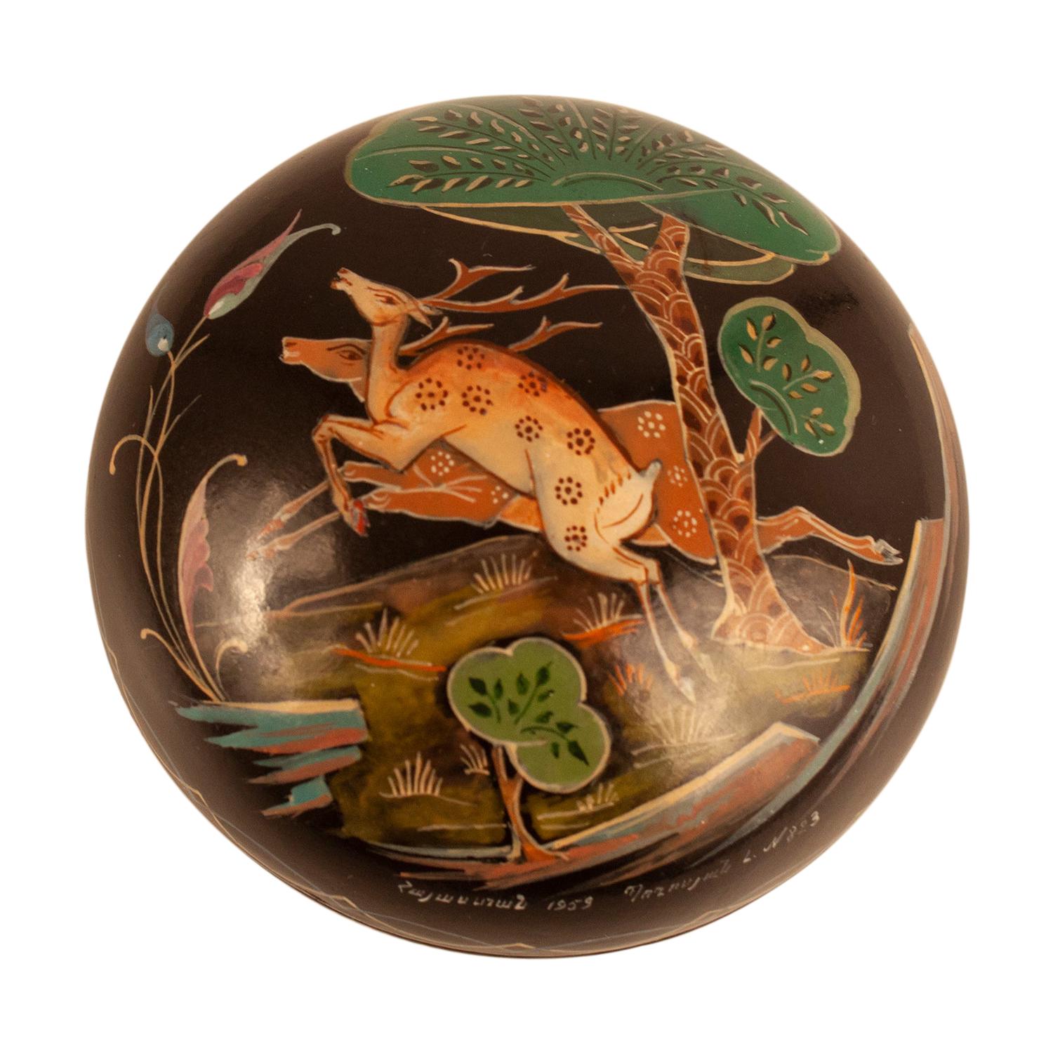 Fine Russian Palekh Lacquered Lidded Box Hand Painted Signed and Dated 1959