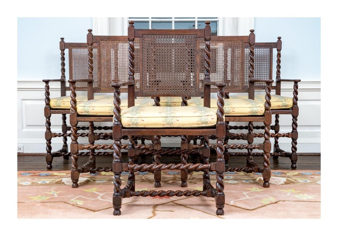 Fine Rustic Set Of Six Antique English Oak Barley Twist Arm Chairs For Sale 6