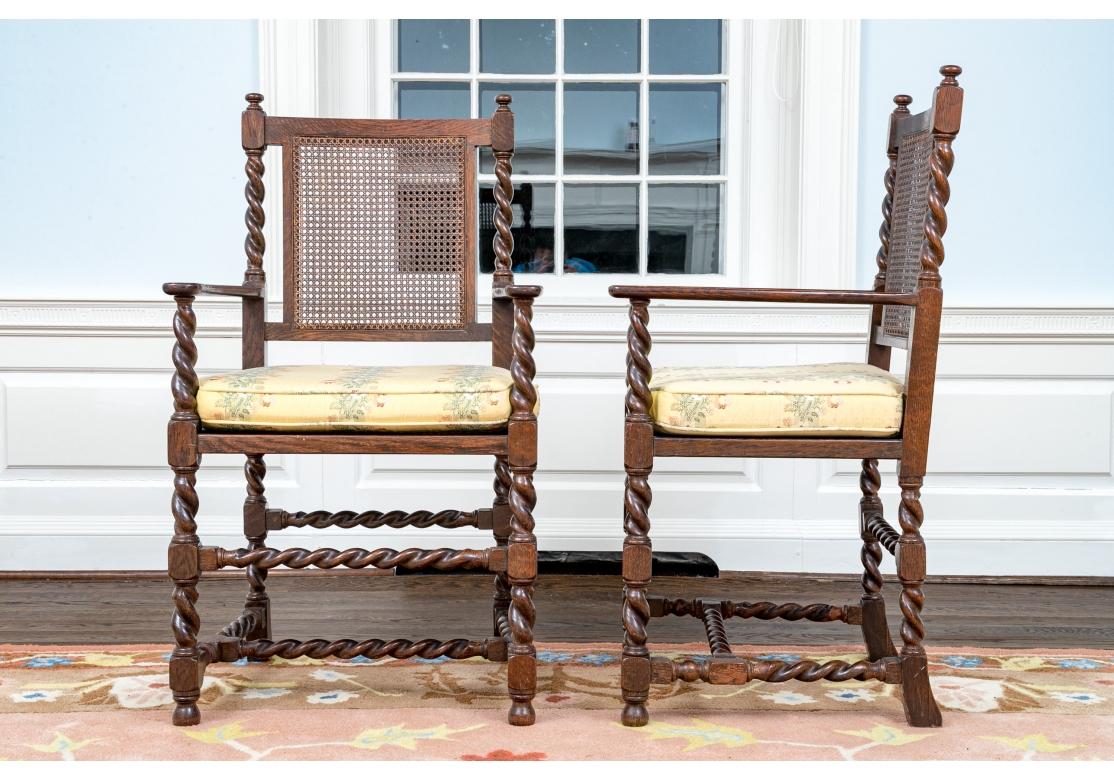 Fine Rustic Set Of Six Antique English Oak Barley Twist Arm Chairs In Fair Condition For Sale In Bridgeport, CT