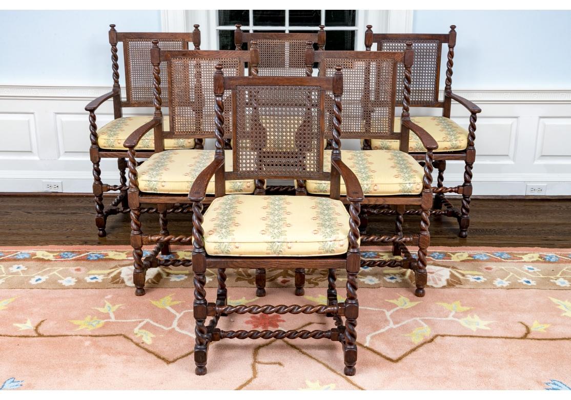 Fine Rustic Set Of Six Antique English Oak Barley Twist Arm Chairs For Sale 2