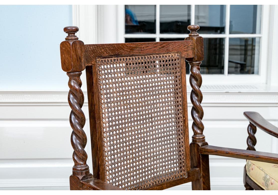 Fine Rustic Set Of Six Antique English Oak Barley Twist Arm Chairs For Sale 4