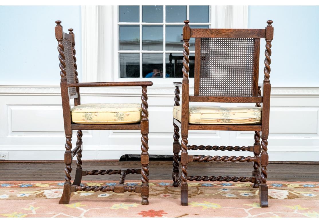 Fine Rustic Set Of Six Antique English Oak Barley Twist Arm Chairs For Sale 5