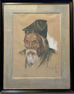 Retrato en Sanguina Fina y Tiza Negra de una Sabia China que Lleva un Mala