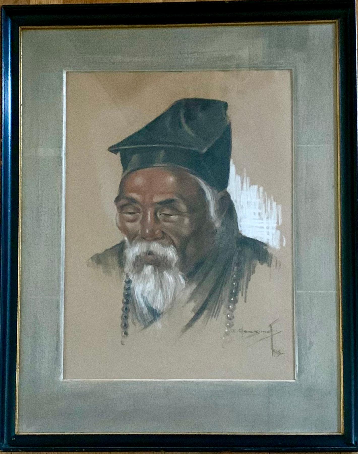 Russian Fine Sanguine and Black Chalk Portrait of a Chinese Sage Wearing a Mala For Sale