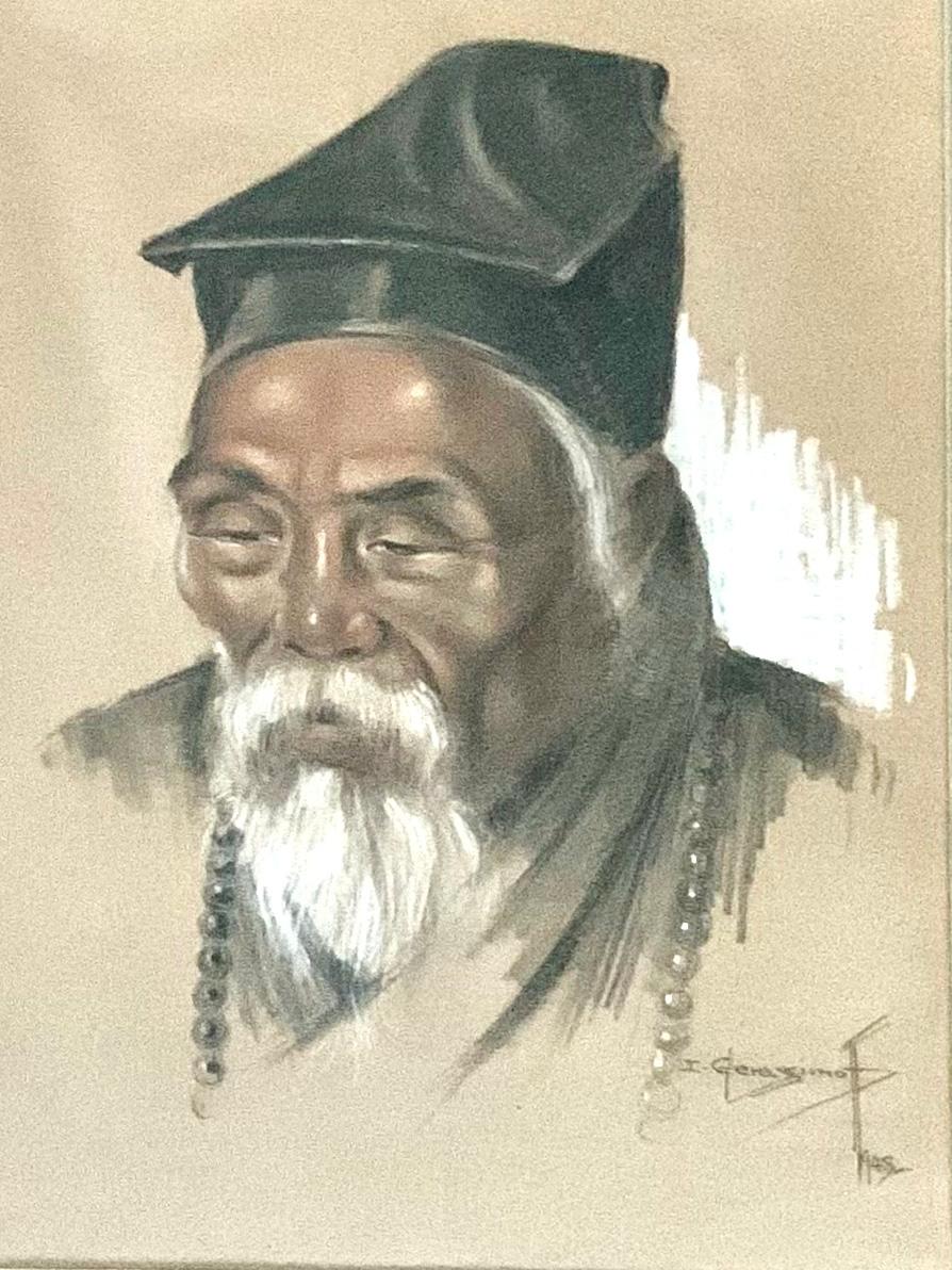 Fine Sanguine and Black Chalk Portrait of a Chinese Sage Wearing a Mala In Good Condition For Sale In New York, NY