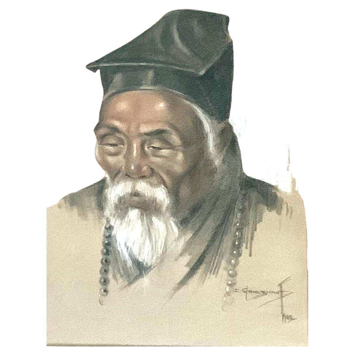 Fine Sanguine and Black Chalk Portrait of a Chinese Sage Wearing a Mala