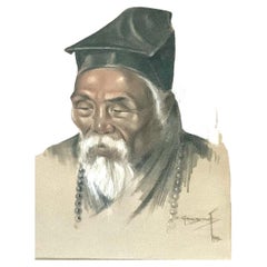 Sanguinefarbenes und schwarzes Chalk-Porträt eines chinesischen Schädels, der eine Mala trägt