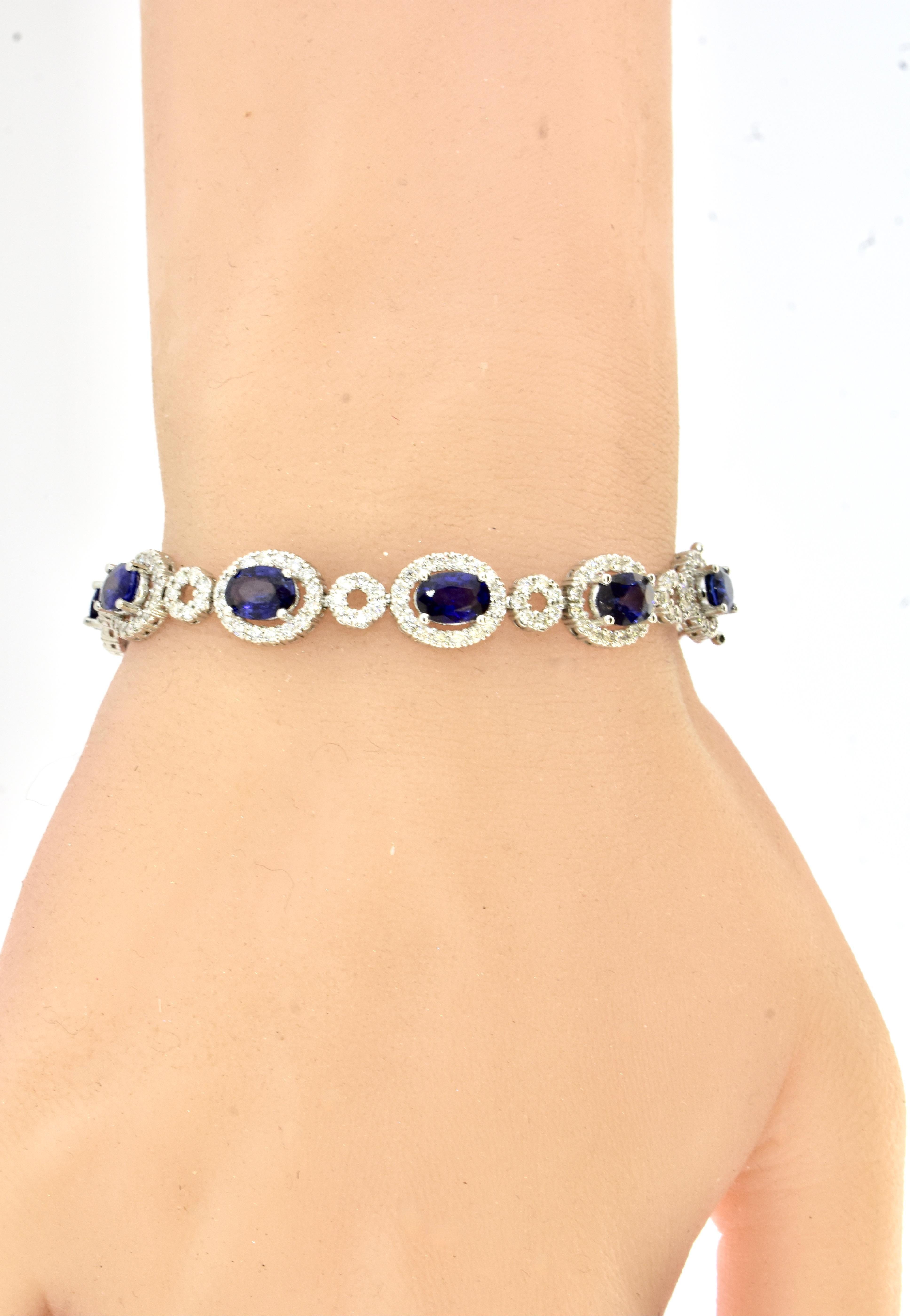 Oval Cut Fine Sapphire and Diamond White Gold Contemporary New Bracelet For Sale