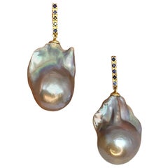 Fine Sapphire Baroque FW Pearl 14 Karat Gold Earrings Certified $1, 950