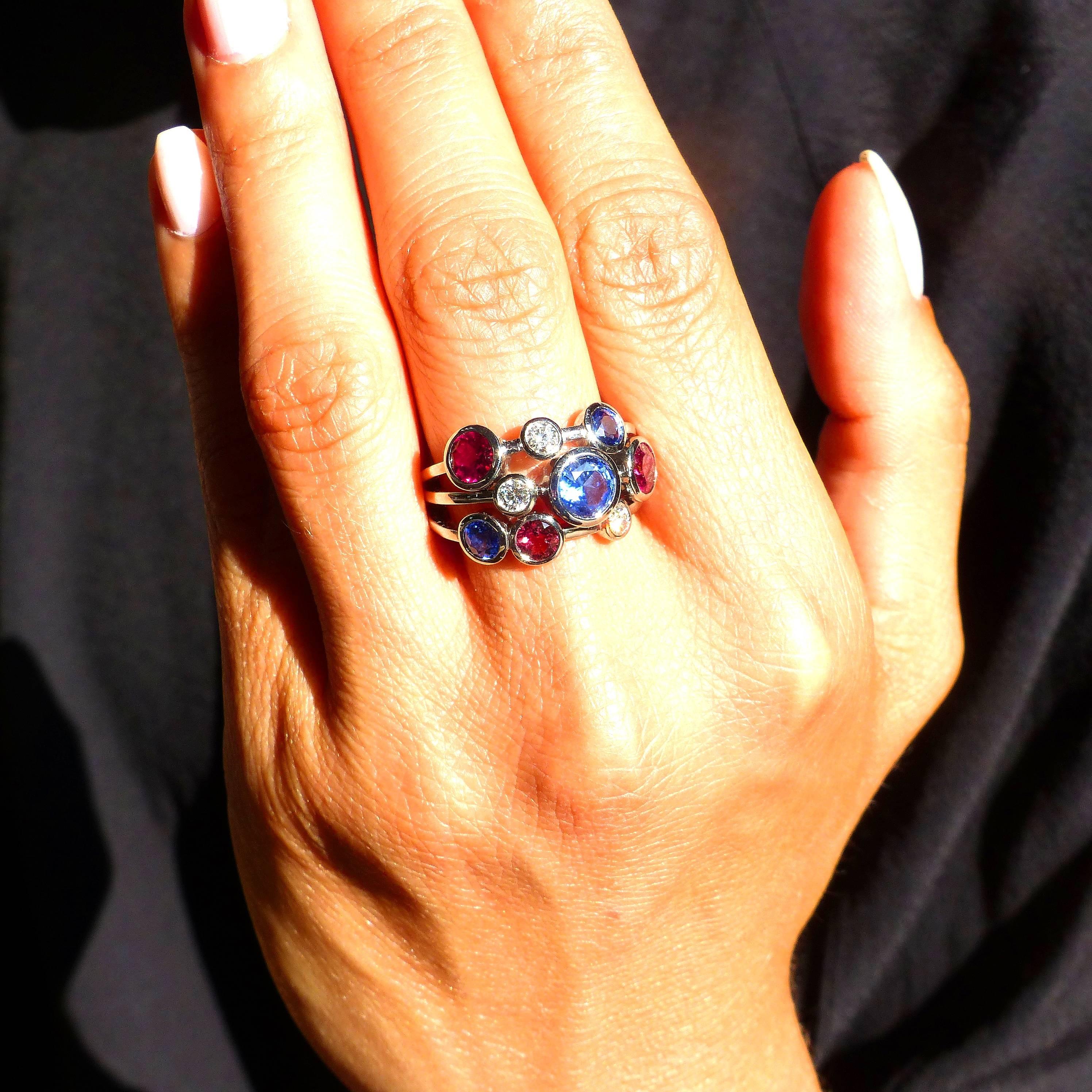Round Cut Ring in White Gold with Sapphires and Rubelites and Diamonds. For Sale